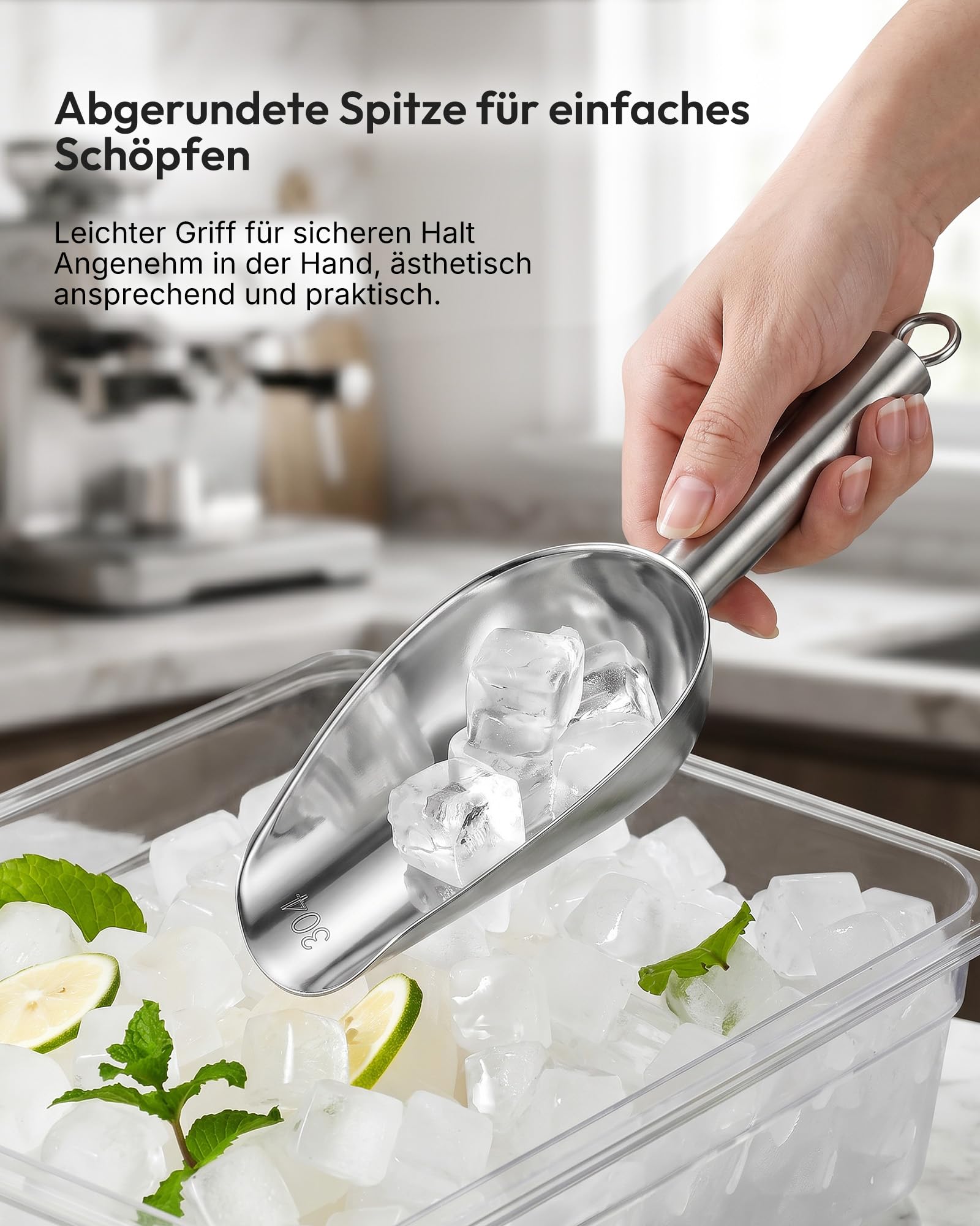 EUHOMY Eisschaufel aus Edelstahl 304, Silber | Lebensmittelecht, Spülmaschinenfest, Handliches Format, Kompatibel mit Eismaschinen, Ideal für Küche, Bar, Partys, Camping
