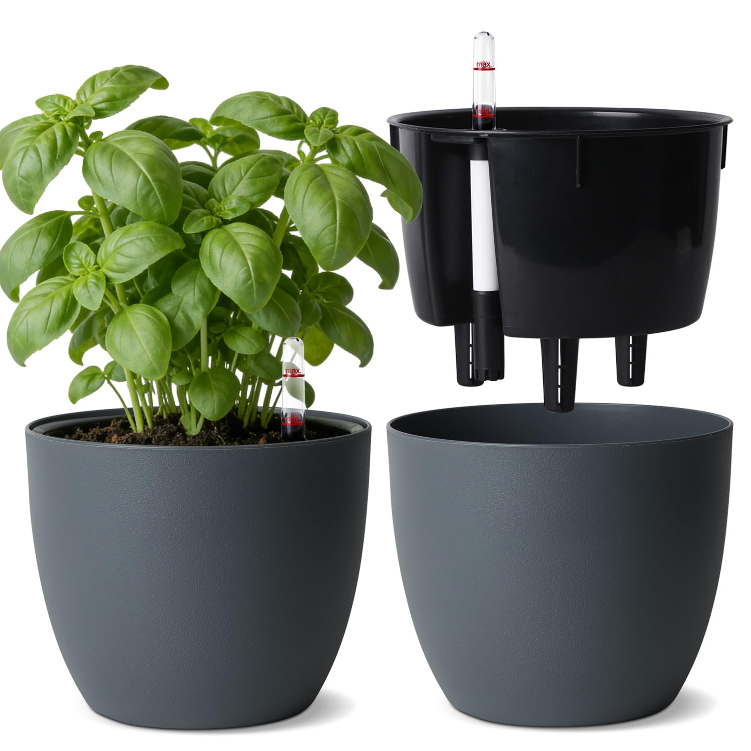 T4U 2Pcs 17,5cm Selbstbewässerungstopf mit Wasseranzeiger, Praktischer Blumentopf für vielbeschäftigte Anfänger und Gärtner, Plant Pot geeignet für Geranien/Minze für den Innen und Außenbereich (Grau)