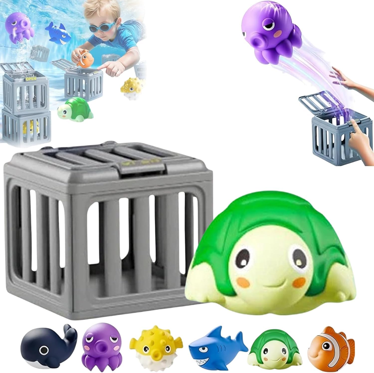 Summer Kids Pool Diving Toys, Kids Swimming Dive Pool Toys, Underwater Adventure Pools Game, Toddler Bath Toy Play Set with Fish Box Floating Animals, for Swim Summer Party Boys Girls (green)