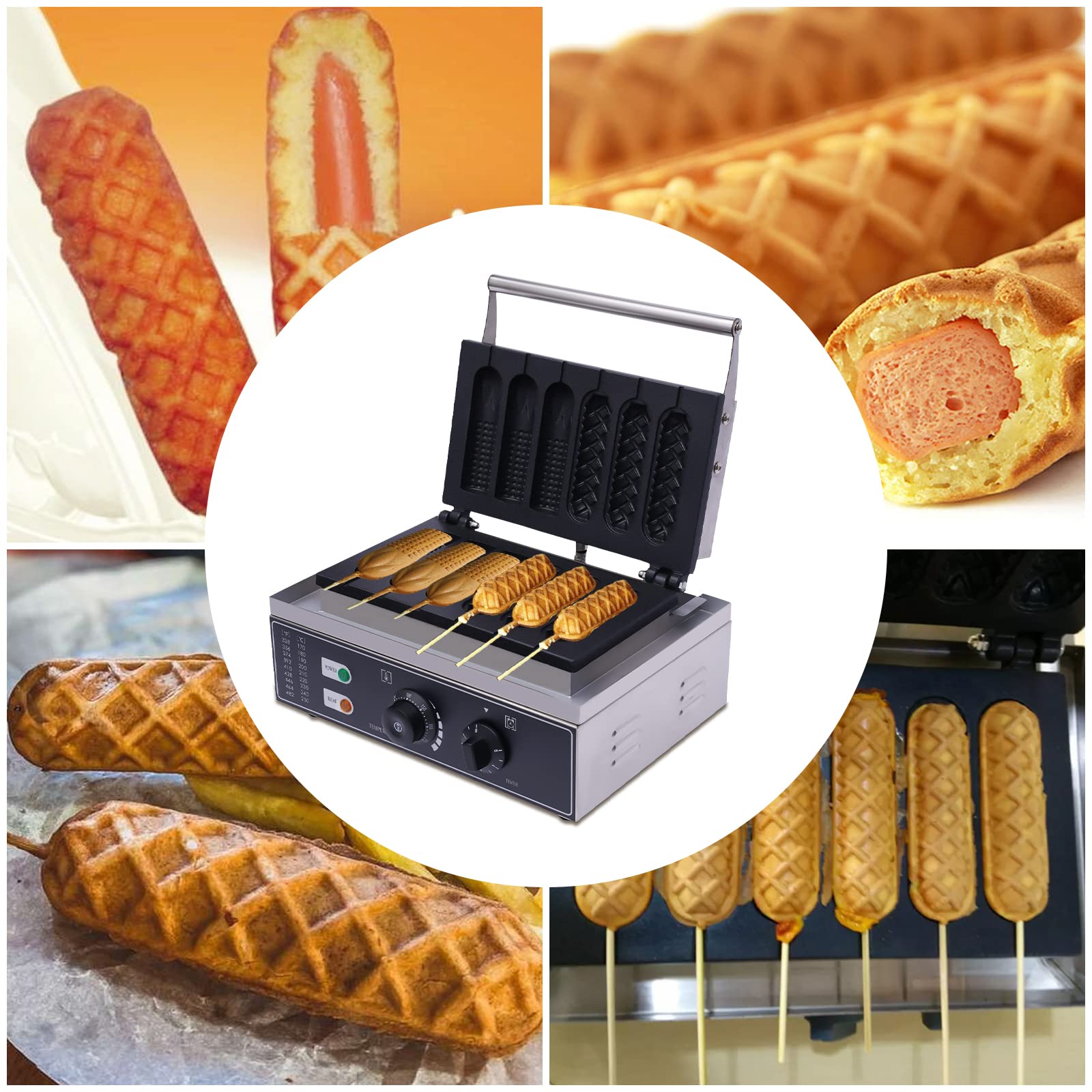 Machine à hot-dog électrique 1500 W en acier inoxydable, contrôle de la température de 50 à 300 °C, avec minuterie de 5 minutes et 6 moules à hot-dog, pour la cuisine domestique, les stands de rue
