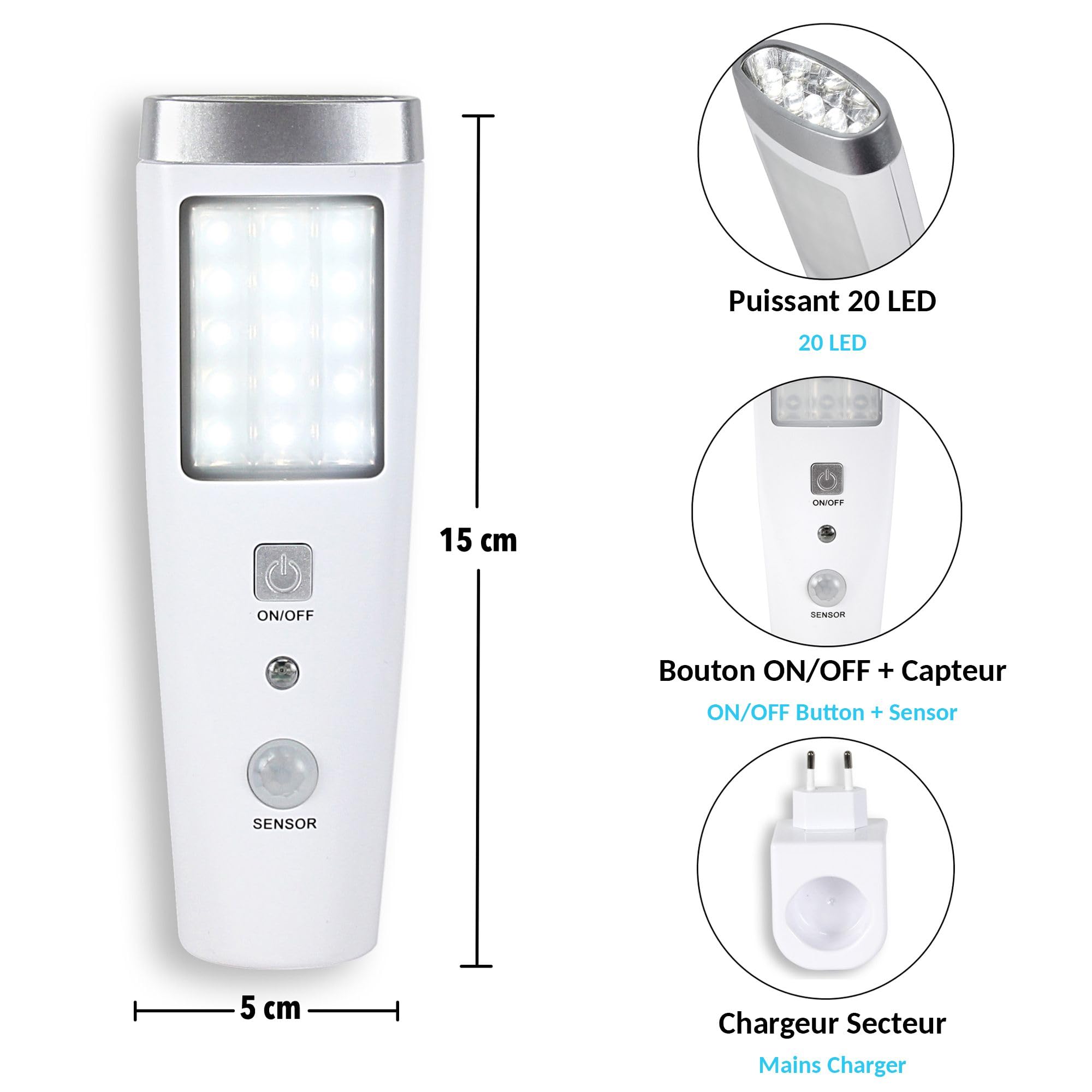 Torcia, Lampada pilota LED con Rilevatore di Presenza - Angolo di rilevamento 60° - 15 LED - Ricaricabile in Presa Elettrica - Batteria 3,7V - 15cm - Bianco