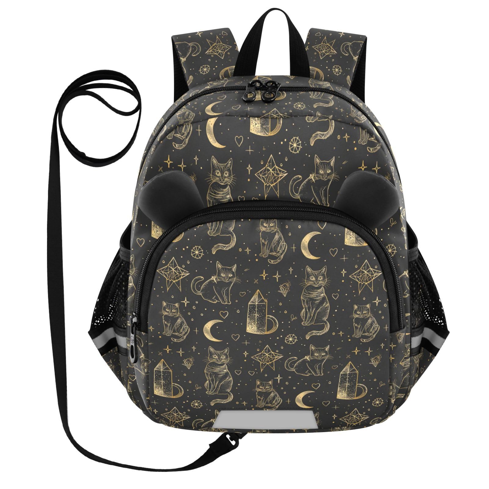 Cute Ears Children's Day Backpack Leash Children Boy/Girl Anti-Lost Personalized Water Bottle Pocket Backpack with Reflective Strap Black and Gold Goth Tarot Cat mochilas, Black Gold Gothic