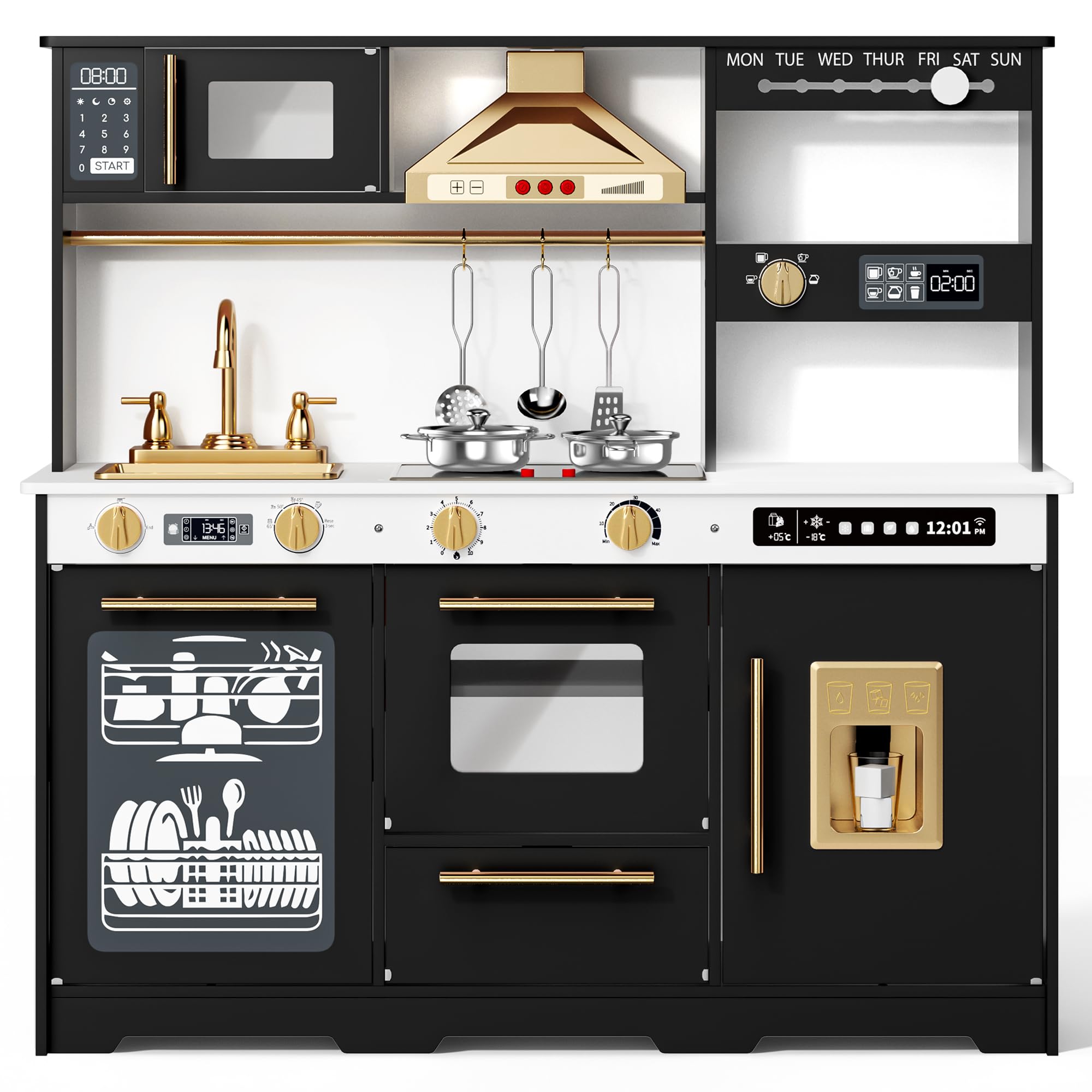 Kinder King Wooden Kids Play Kitchen w/Sounds, Storage, Accessories, Black