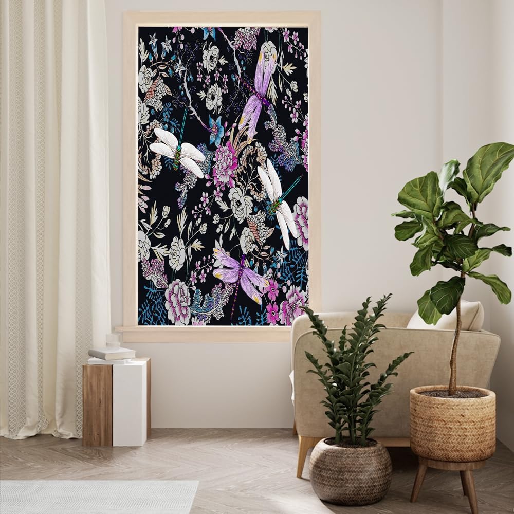 Brebasf Rustic Mid Century Floral Dragonfly Window Film,Watercolor Spring Garden Daisy Forest Animal Dragonflies Window Privacy Film Glass Film Decor Static Cling Film -23.6W x35.4L in x1Pcs