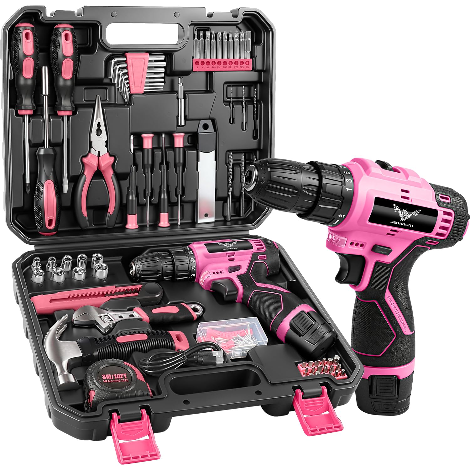 JENABOM Drill Set, 151-Piece Home Tool Set with 12V Pink Cordless Drill