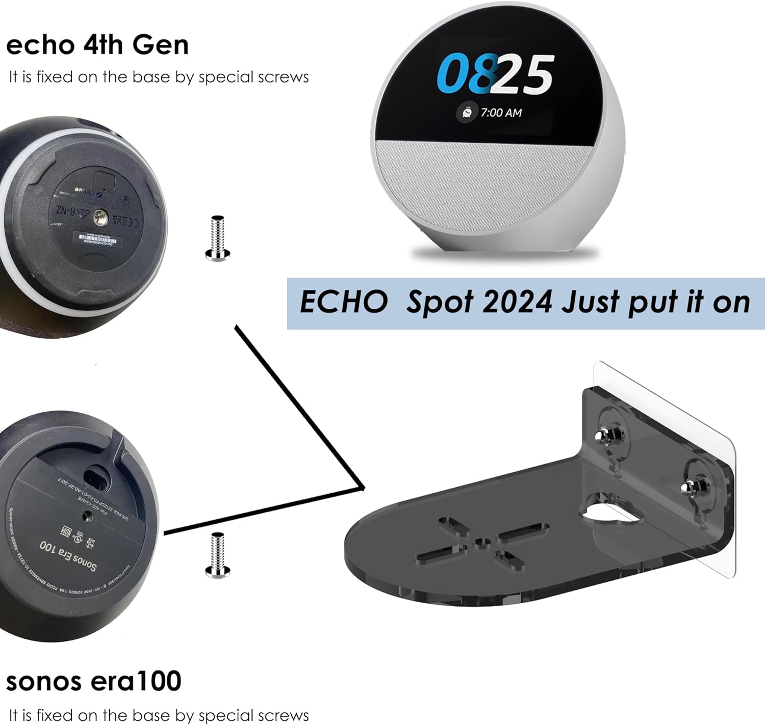 Compatible for Echo 4th Gen Shelf Wall Moun Stand,Built-in Cable Management, Compatible for sonos era100(Transparency Black) - Image 5