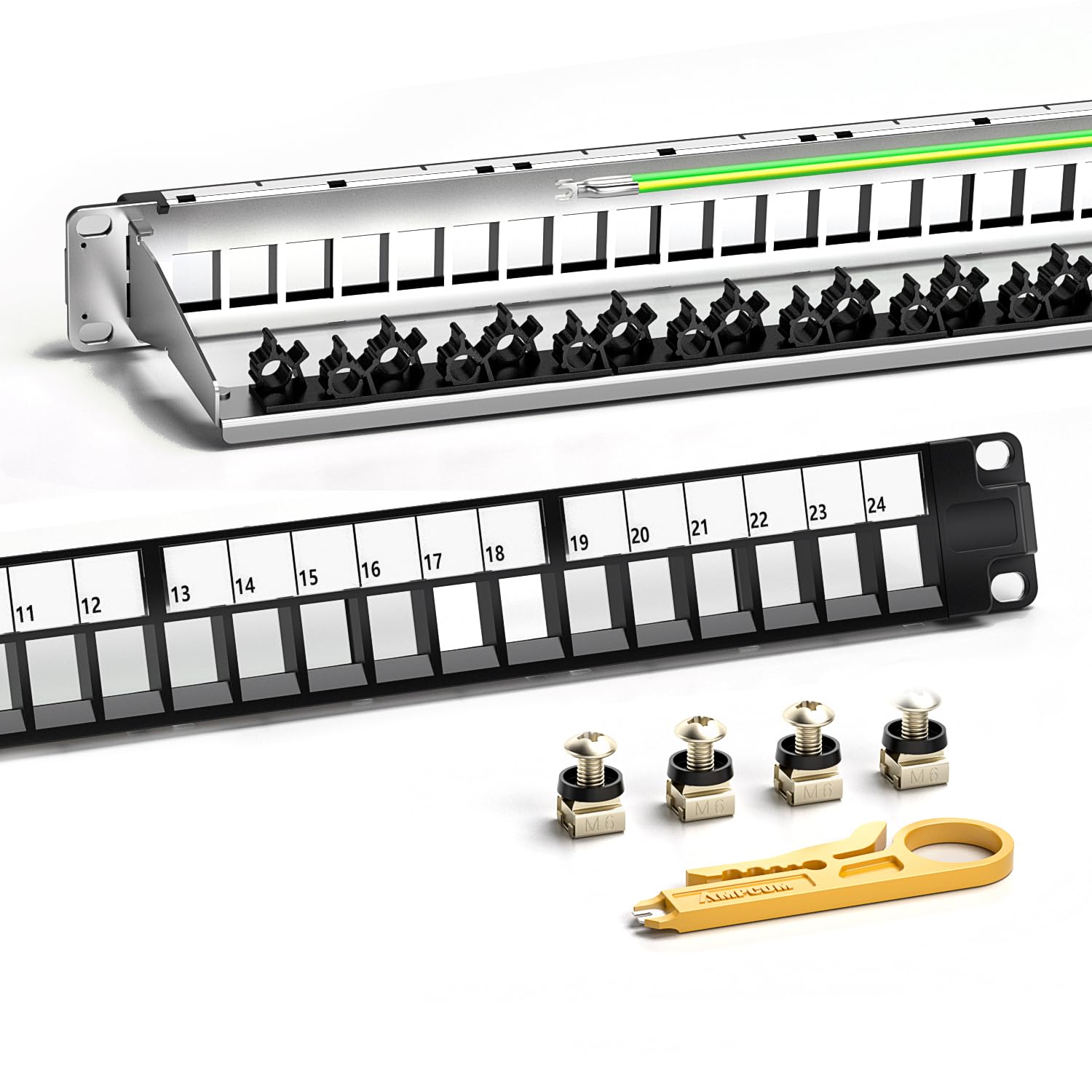 AMPCOM Panneau de brassage Keystone vierge 24 ports 1U, rack de 48,3 cm ou support mural avec panneau de gestion de câbles arrière pour Ethernet CAT5e/CAT6/CAT7, USB, HDMI
