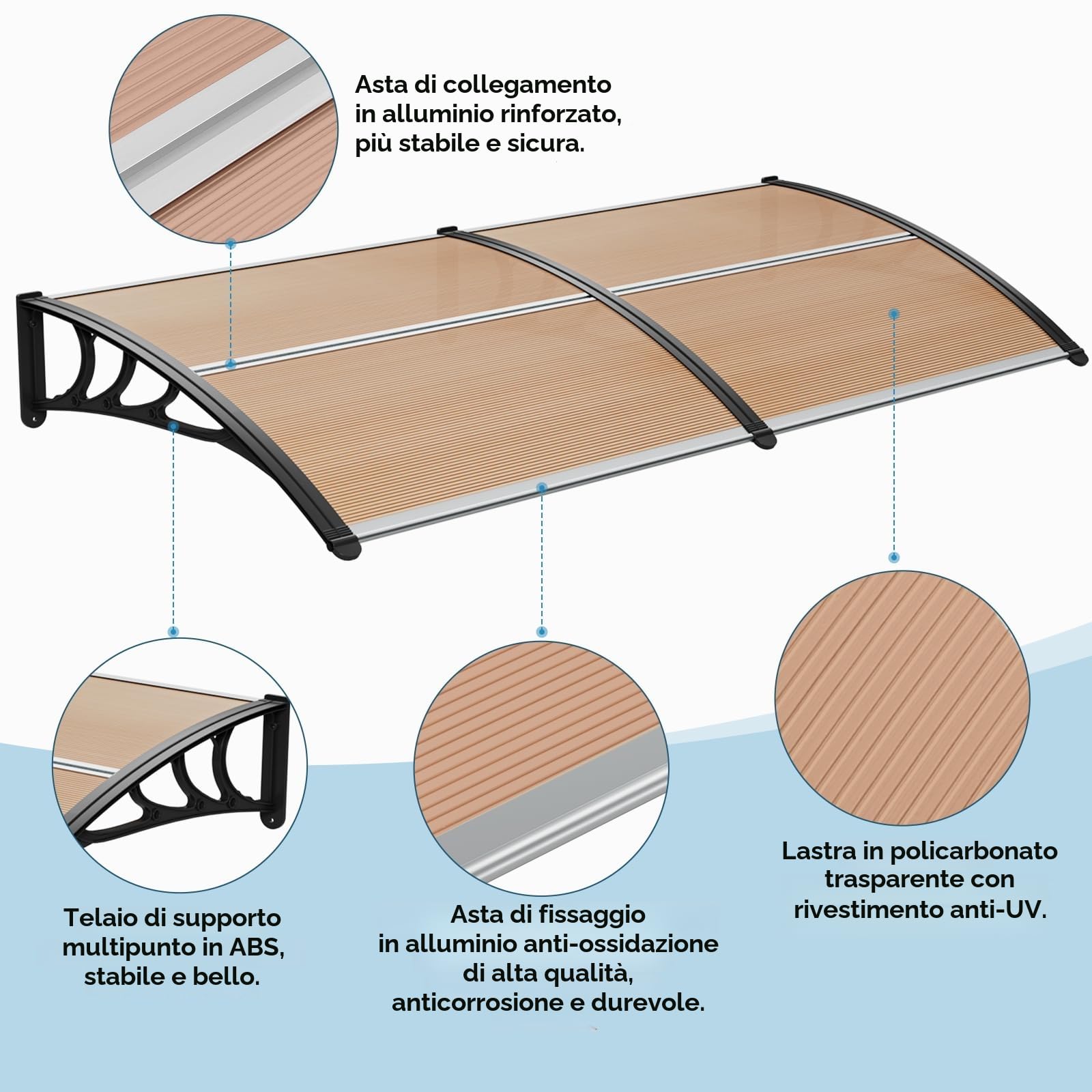 LIFERUN Pensilina Tettoia per Porta Balcone Esterno, 190 x 98.5 cm, Tetto Policarbonato Alveolare Trasparente, Protezione solare e dalla pioggia,Marrone scuro