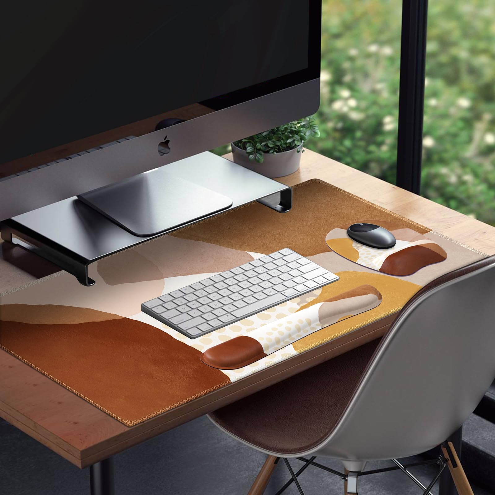 Tapete de escritorio, alfombrilla de mouse grande para juegos con reposamuñecas, reposamuñecas para teclado, almohadilla de escritorio ergonómica 4 en 1 con juego de posavasos, almohadilla de