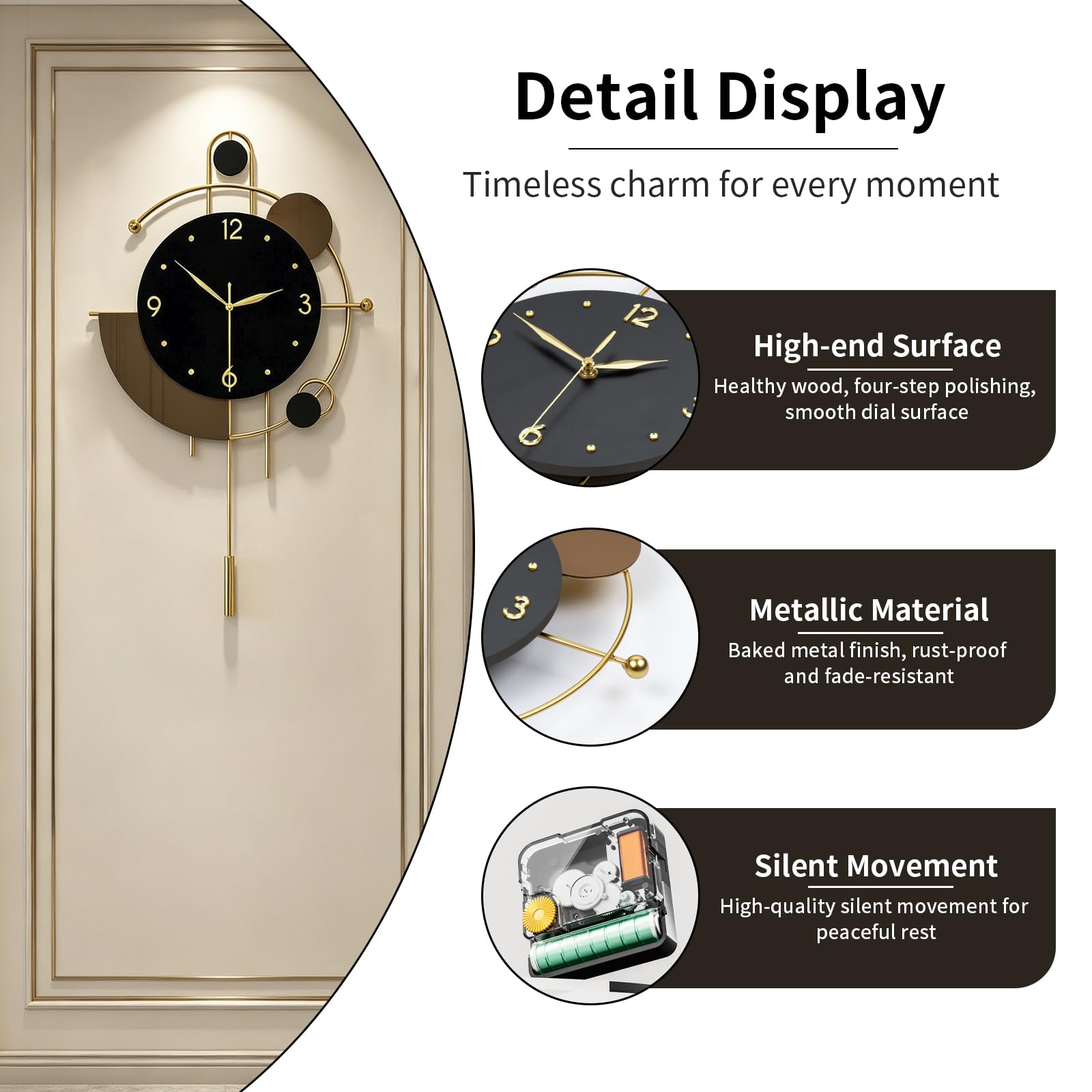 Moderne Wanduhr für Wohnzimmer, Dekoration, große, dekorative goldene Metall-Wanduhr mit Pendel, leise, Qualität, Quarz, große Uhr, batteriebetrieben, nicht tickend, für Küche, Büro