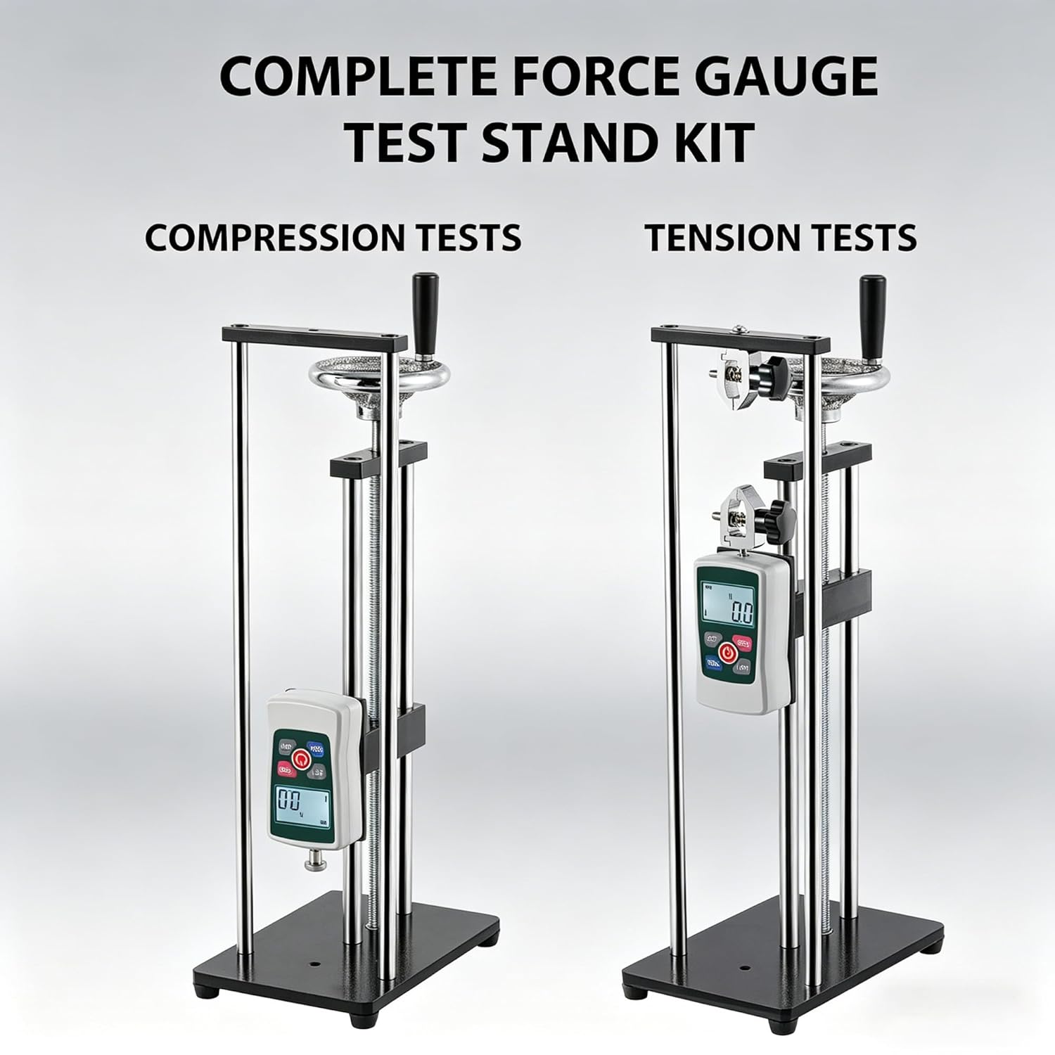 500N Digital Force Gauge & Manual Test Stand Kit, Push Pull Gauge with N/Lb/Kg/Oz Units, 250mm/9.8 inches Stroke Test Stand with 2 Pcs Test Clamp for Tension/Compression in Lab, School, Industry