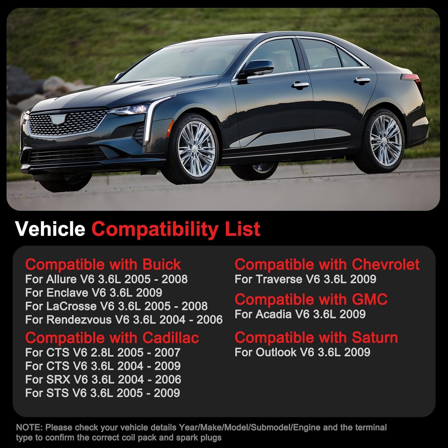 UF375 Ignition Coil Pack Iridium Spark Plugs Fits for Cadillac CTS V6 2.8L 2005-2007, CTS V6 3.6L 2004-2009, SRX V6 3.6L 2004-2006, STS V6 3.6L 2005-2009, for Buick Allure LaCrosse