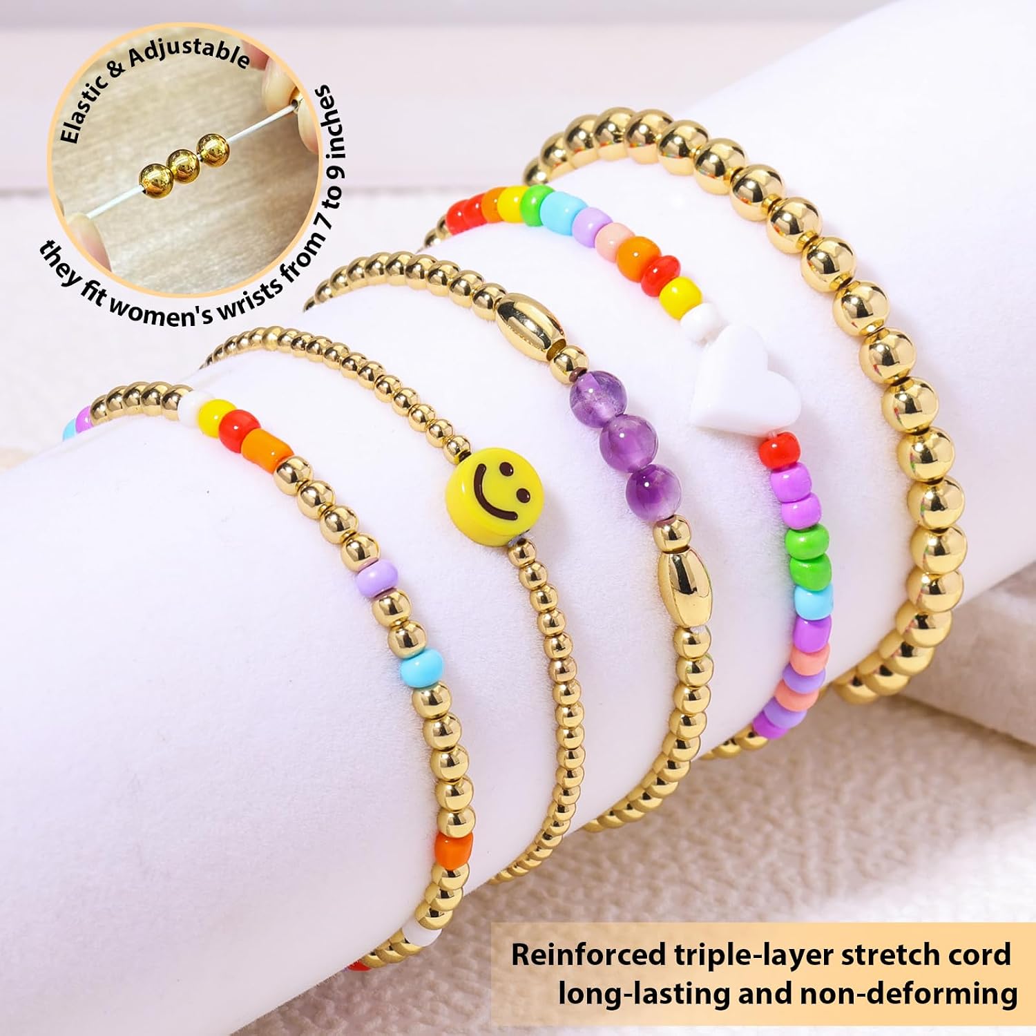 Gold Beaded Bracelets for Women: 14K Gold Bracelets for Women Trendy Dainty Gold Ball Bracelet Stack for Womens - Boho Stretch Bracelets Jewelry Sets with Cross Fashion Accessories Gifts for Women image 3