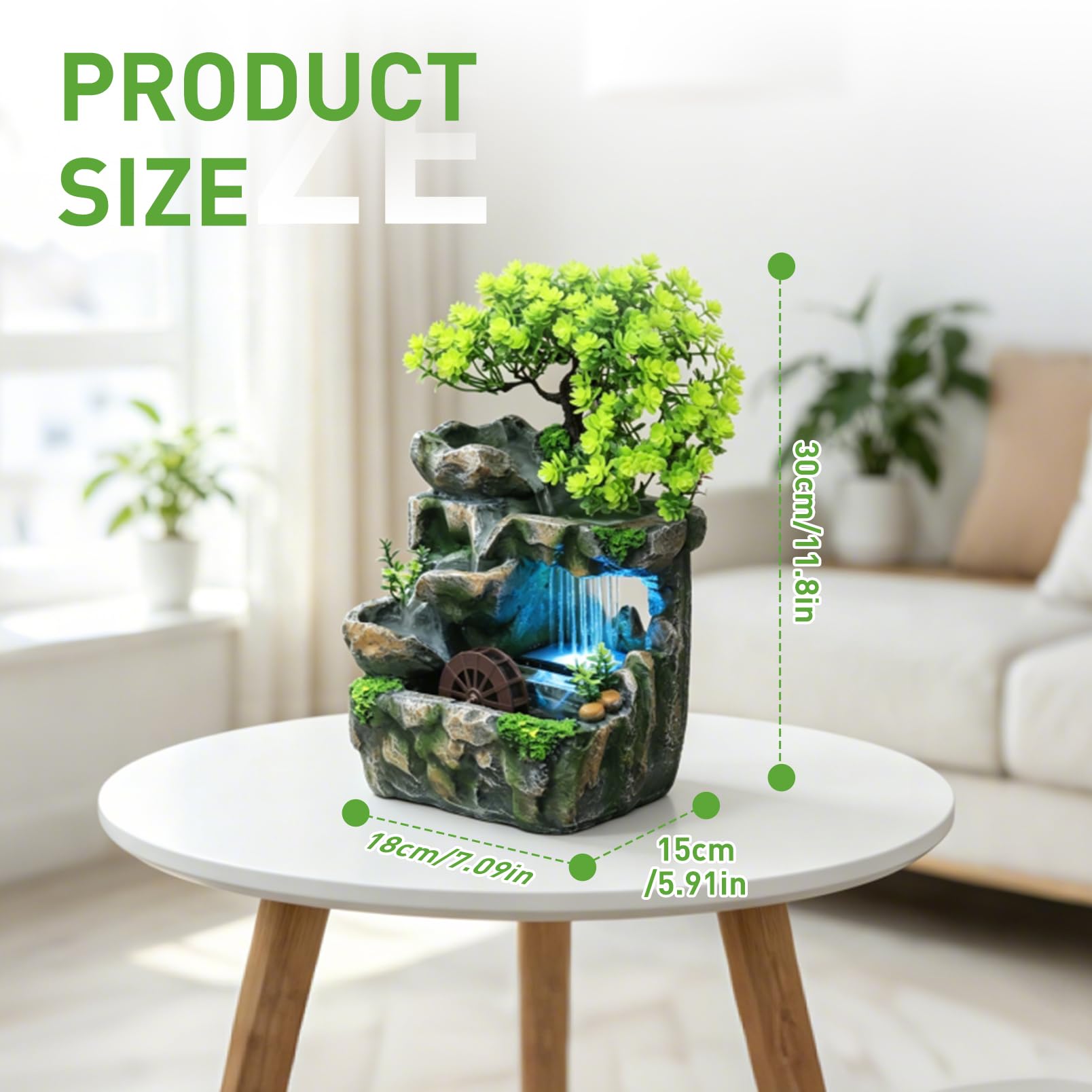 Zimmerbrunnen, Tischbrunnen mit LED Farbwechsel, Wasserfall Zimmerbrunnen mit Feng Shui Rad, Leise Tauchpumpe, Tischbrunnen Deko für Wohnzimmer Büro Schlafzimmer, Luftbefeuchtend 18x15x30 cm