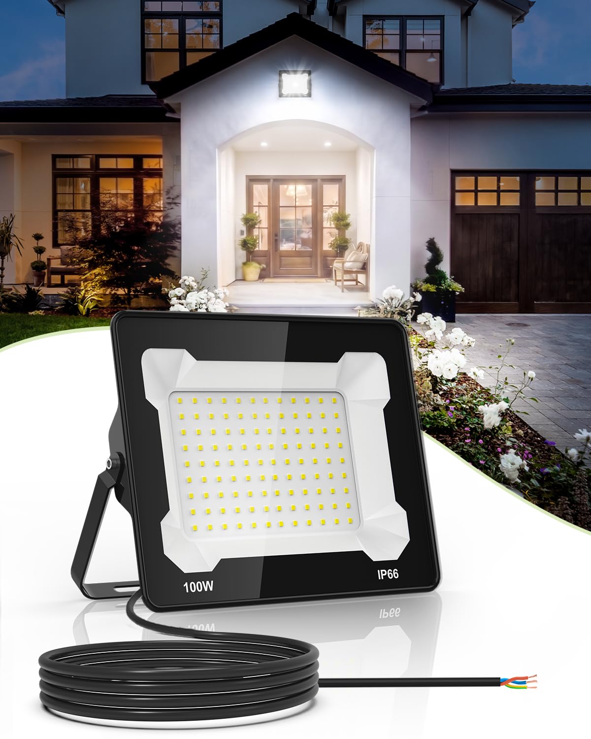 Yelyee 100W LED Floodlights Outdoor Security Light, 10000LM Super Bright 6500K Daylight White, IP66 Waterproof Wall Light for Garden, Garage, Yard, Patio, Backyard, Parking Lot