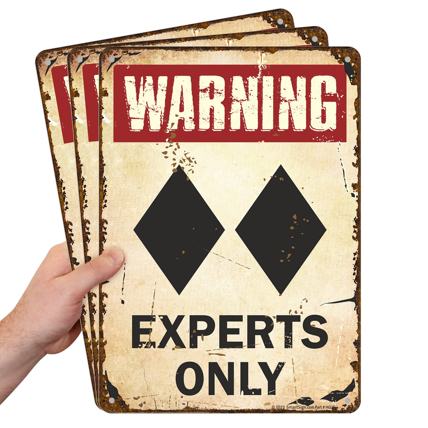 SmartSign Skischild "Warning Experts Only", Vintage-Schild mit doppeltem schwarzen Diamanten, 35,6 x 25,4 cm, rustikale Wanddekoration für Bar/Lodge/Küche/WC/Café, 55 mm HDPE-Kunststoff, 3 Stück