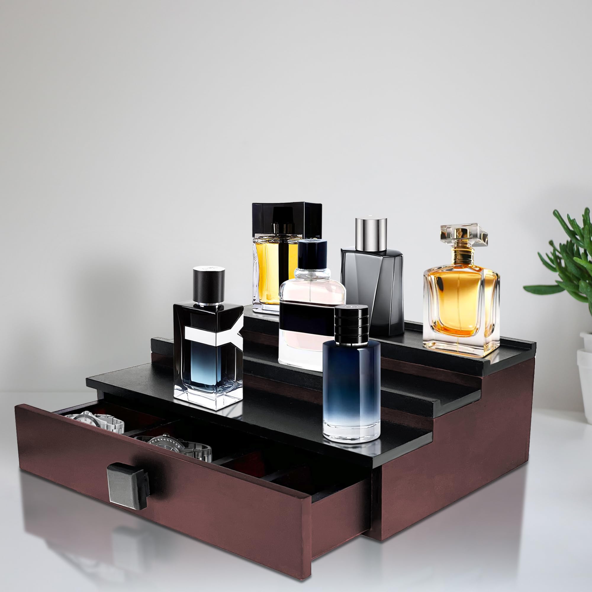 Montex Cologne Organizer For Men 3 Tier Wooden Perfume Organizer with Drawer and Secret Storage, Extra Space for Necklace, Bracelet and Ring, Great Gift for Men