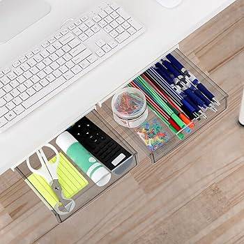 Konnectu2122 Under Desk Drawer, Self-Adhesive Slide Out Storage Organizer 4 Customizable Dividers 2 Pack White