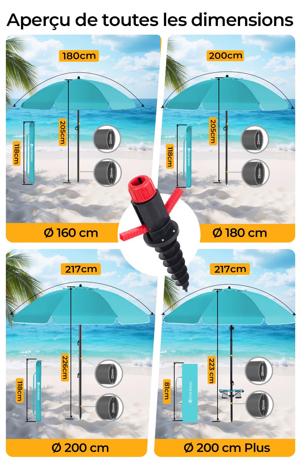 HOMEDEMO Parasol Plage Inclinable avec Revêtement Argenté, UV50+, avec Pieds de Parasol de Plage à hélice à Visser & Housse de Protection, pour Terrasse, Piscine, Marché, 200cm, Turquoise