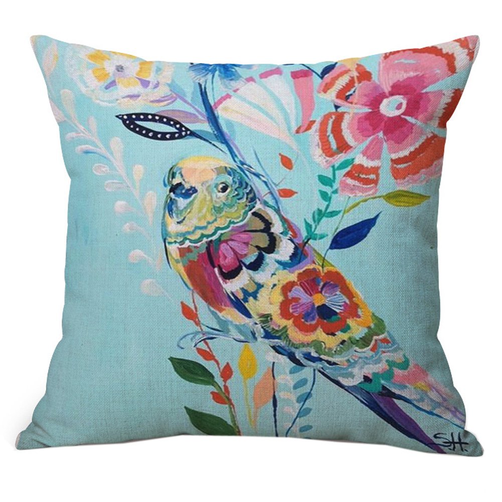 Ruideng Watercolor Birds Peacock Elk Cotton Linen Decorative Throw Pillowcase Cushion Cover (Bird)