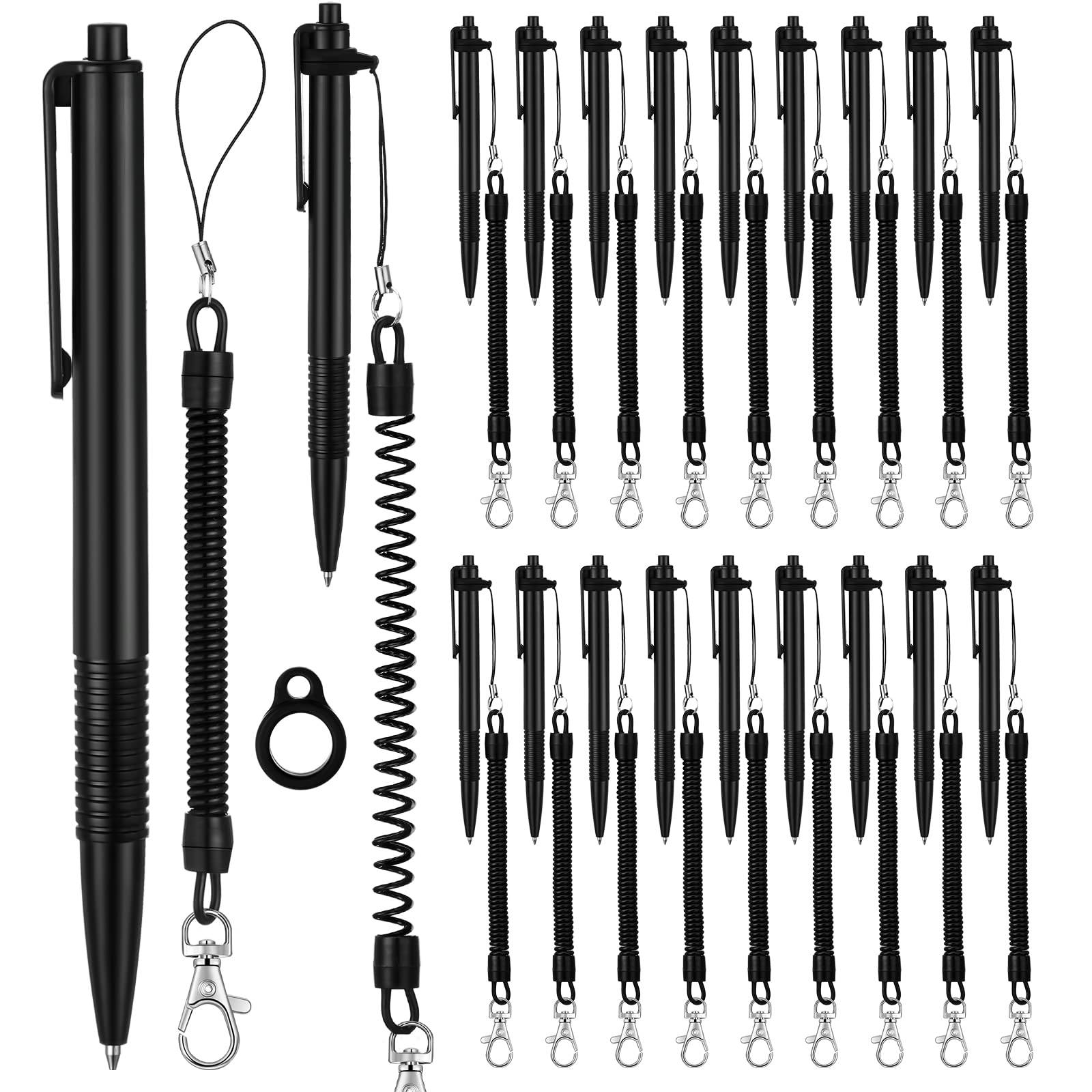 Ctosree 20 Sets Secure Pen with Adhesive Chain and Silicone Ring Pocket Badge Reel Security Ballpoint Counter Pens for Office Workers Nurses Teachers Colleagues
