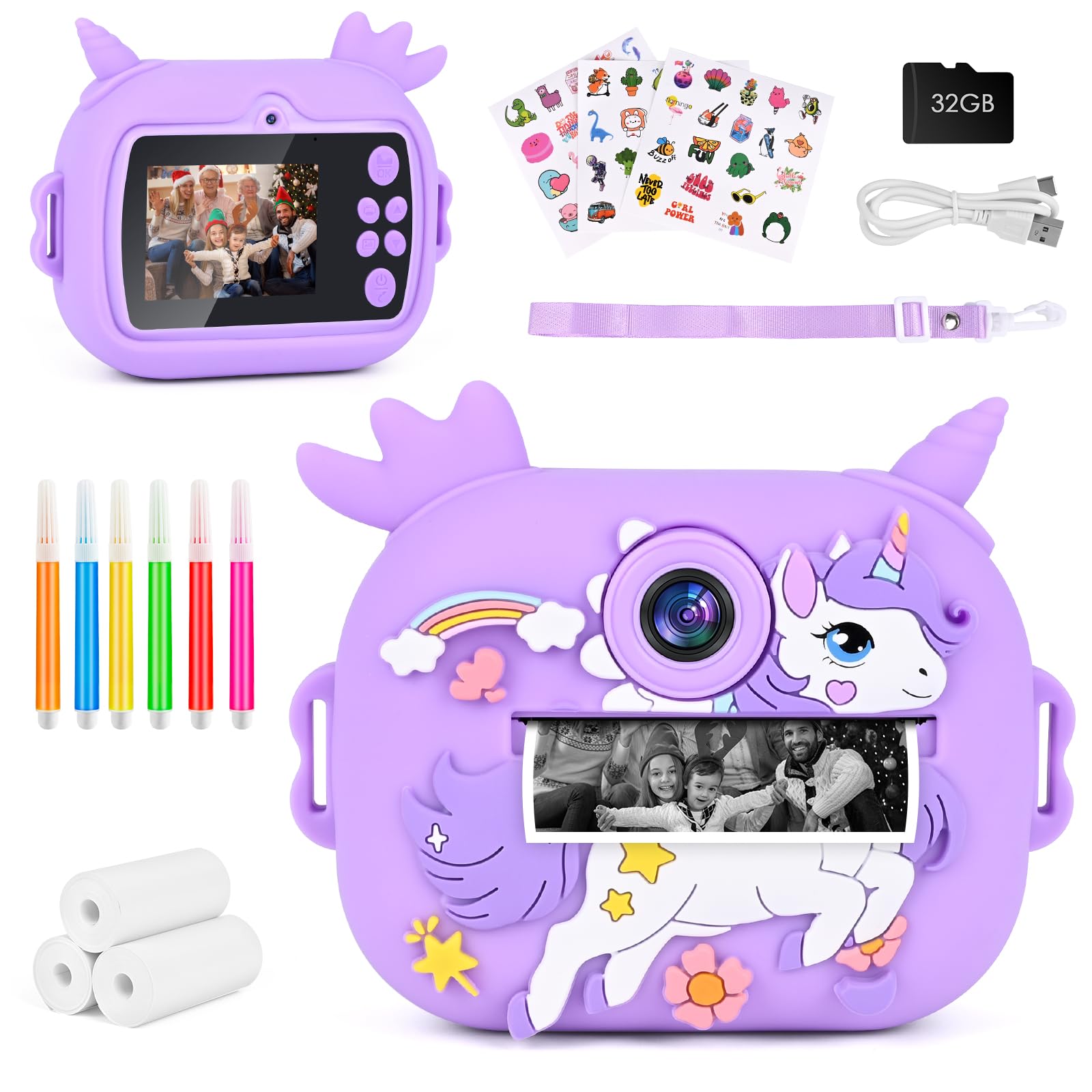 Camara Fotos Infantil Instantanea, Ambesty Camara Fotos Infantil, 2.4" HD Cámara Instantánea con Tarjeta 32GB y Papel de Impresión, 1080P HD Video Cámara, Regalos para Niños y Niñas de 3-12 (Púrpura)