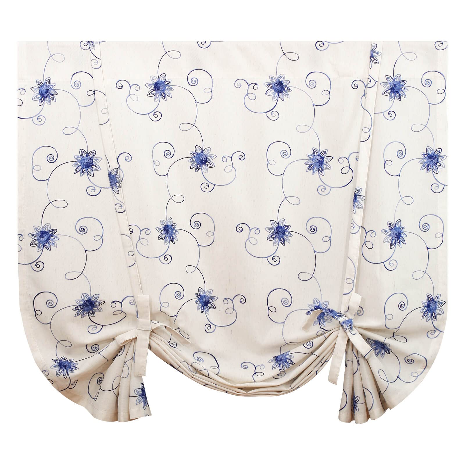 VOGOL Tie Up Curtains for Windows, Blue Floral Embroidered Balloon Shades Rod Pocket Adjustable Window Treatment for Nursery Kitchen Farmhouse, 42x63, One Panel