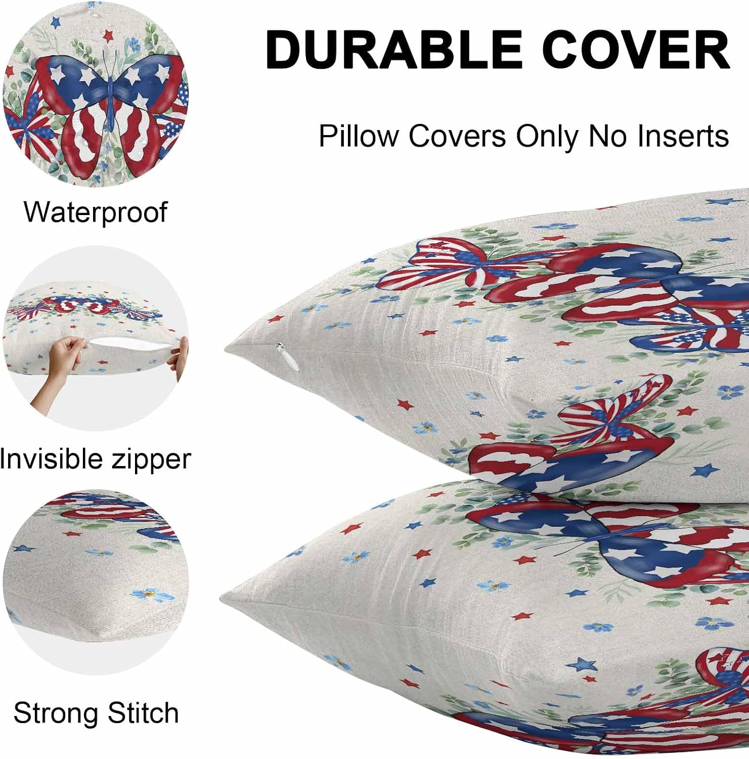 Pack of 2 Waterproof Outdoor Pillow Covers 20x20 Inch Decorative Pillow Covers Independence Day Throw Pillow Covers Butterfly Eucalyptus Leaves Beige Outdoor Cushion Covers for Couch, Patio, Tent