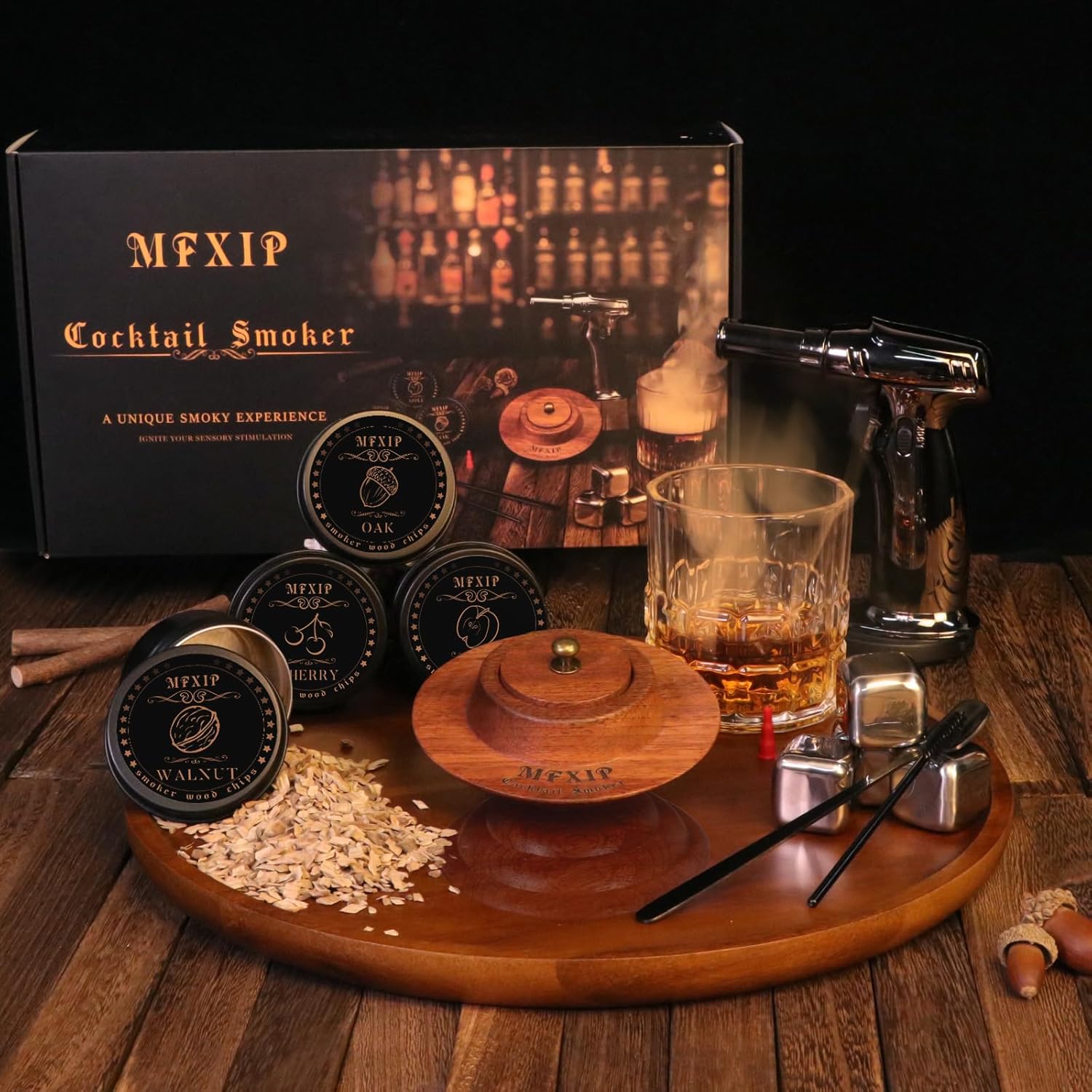 Cocktail Smoker Kit with Torch, Whiskey Smoker Kit, Old Fashioned Drink Smoker Kit – 4 Flavors Wood Chips, Whiskey Smoker Infuser Kit - Bourbon Gifts for Men, Dad (No Butane)