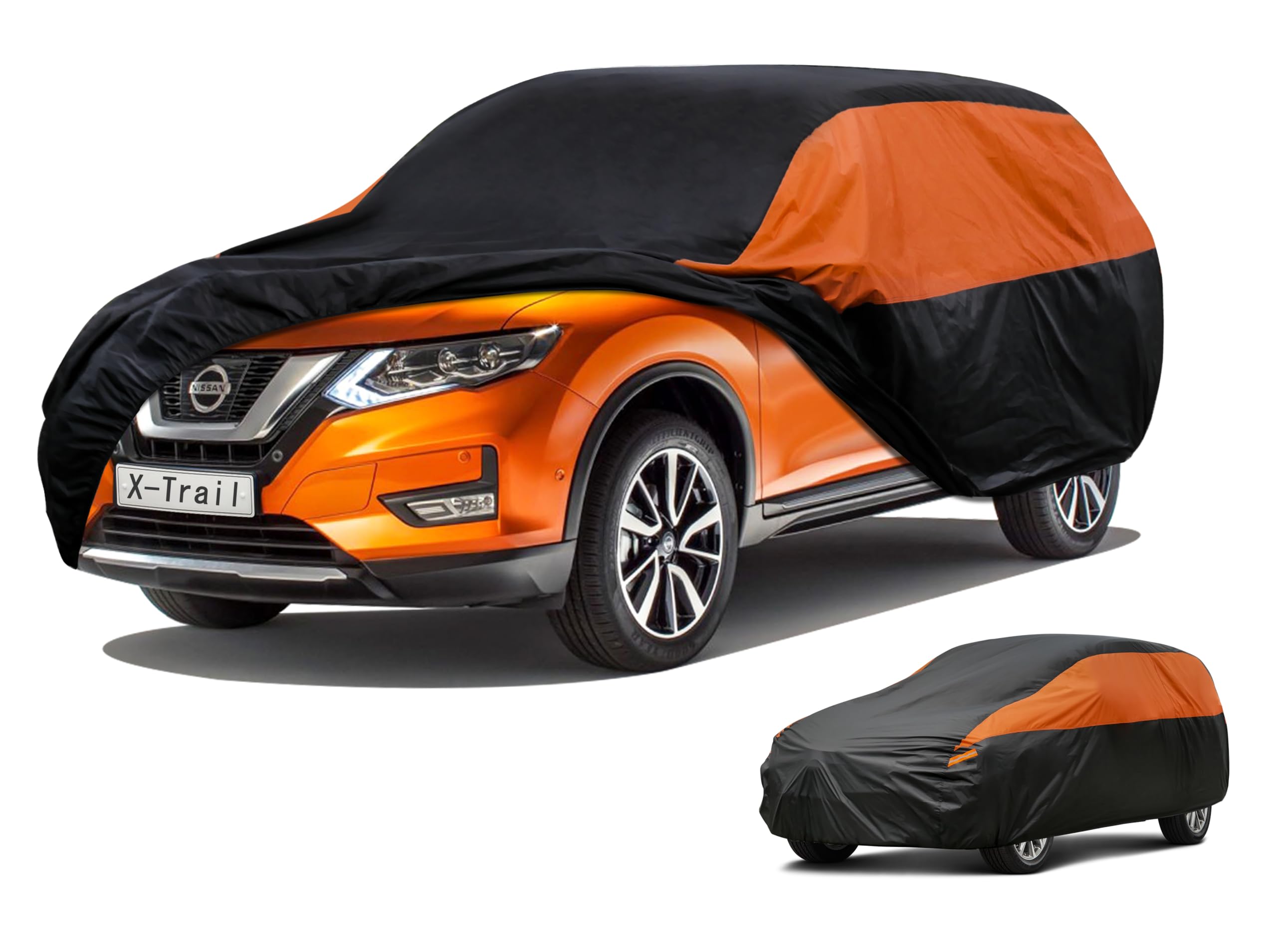 GUNHYI Waterproof Lightweight SUV Full Car Cover Custom Fit Nissan X-Trail | All‑weather Outdoor sun/rain/dust/snow/wind/UV protection, breathable tear‑resistant fabric, black‑orange design,storage bag