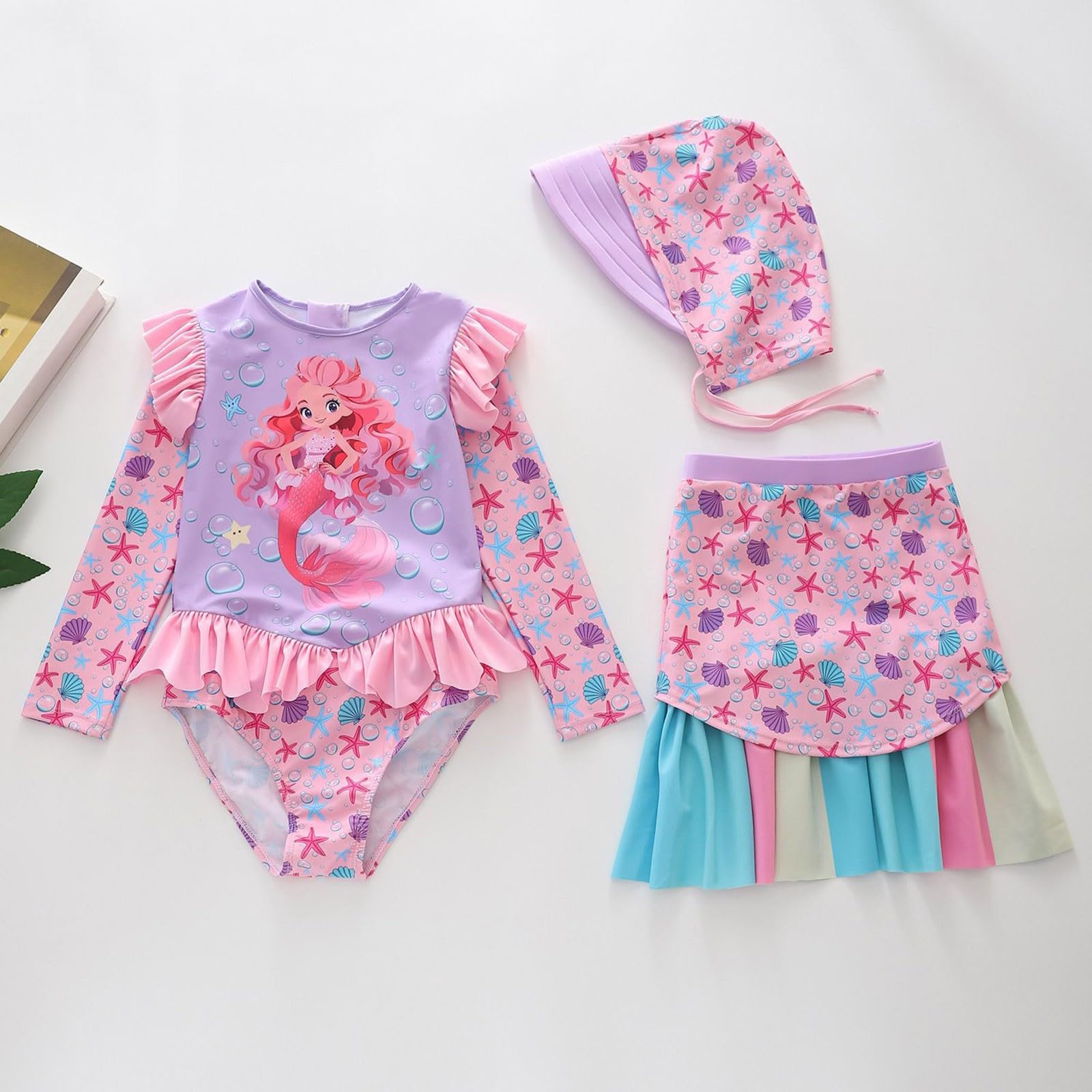 Generisch Bañador para niña de manga larga con estampado de escamas, dobladillo con volante y parte superior a juego