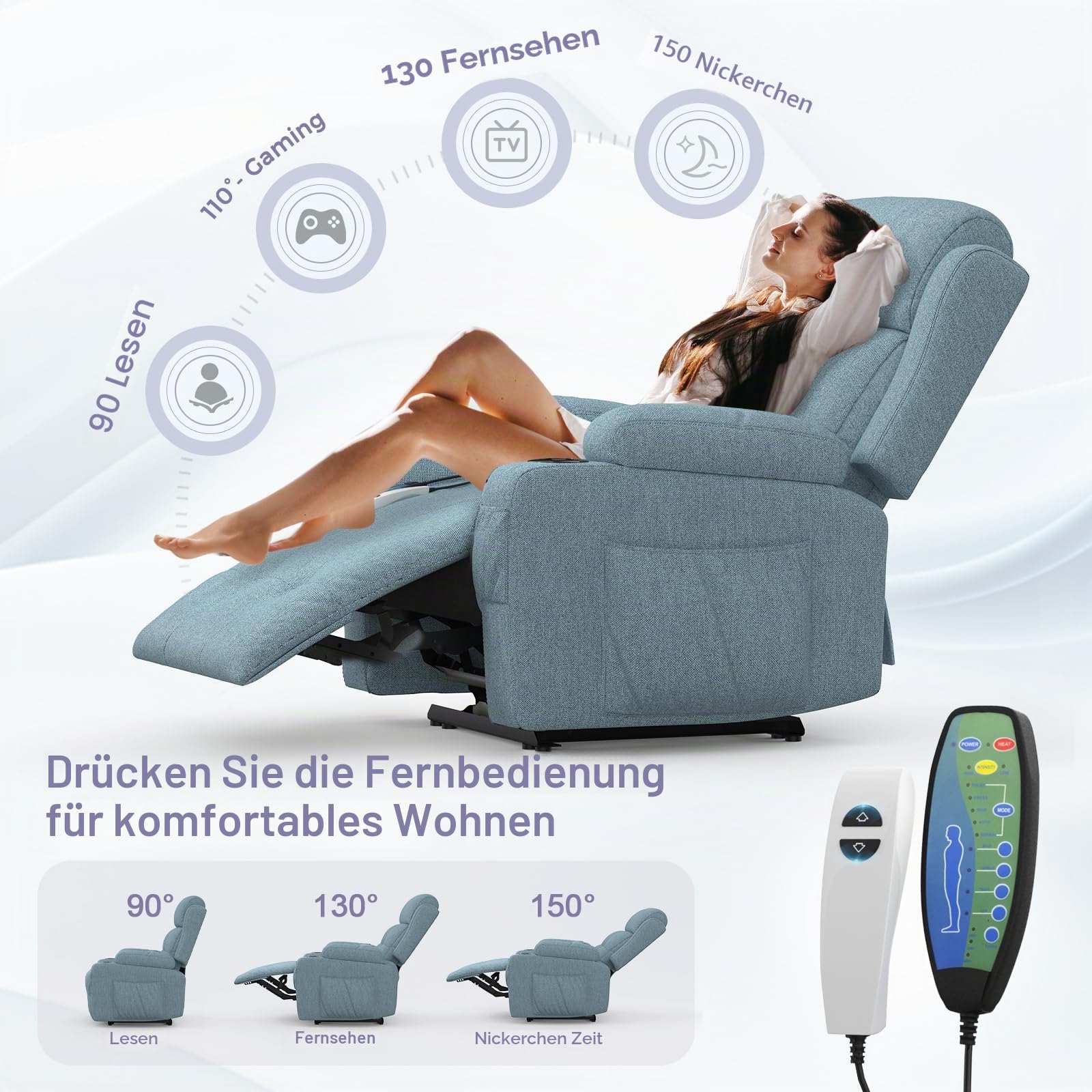 Relaxsessel Fernsehsessel Elektrisch Verstellbar Massagesessel mit Wärmefunktion Liegefunktion,2 Getränkehalter,4 Seitentaschen, TYP C & USB-Anschlüsse, TV Sessel für Fußteil, Wohnzimmer
