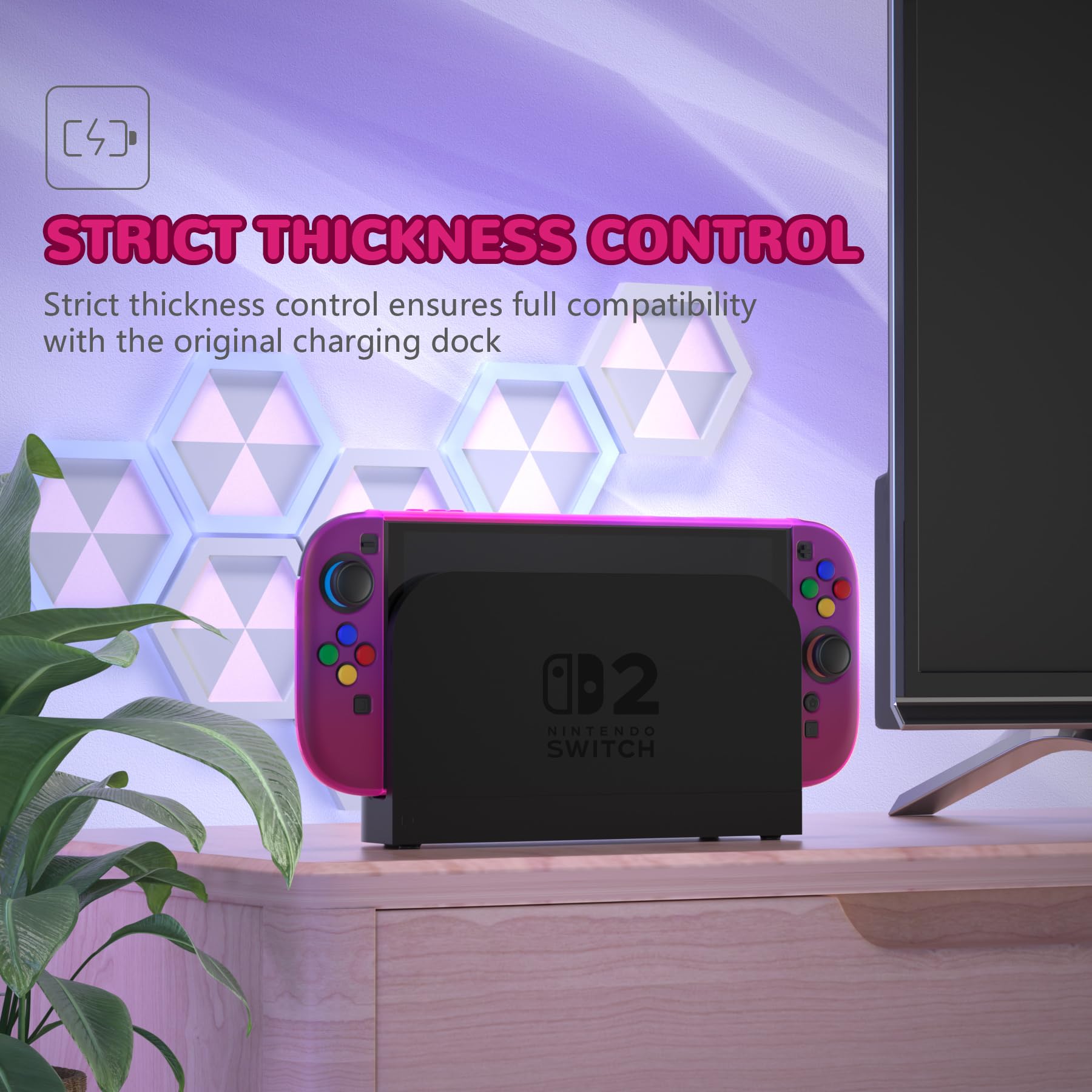 PlayVital Cover per Nintendo Switch 2 Custodia Rigida Dockable Protettiva Antigraffio, Copri Analogici/Tasti per Joycon, Supporto Pieghevole Accessori per Switch 2 Console, Trasparente Viola Rosa