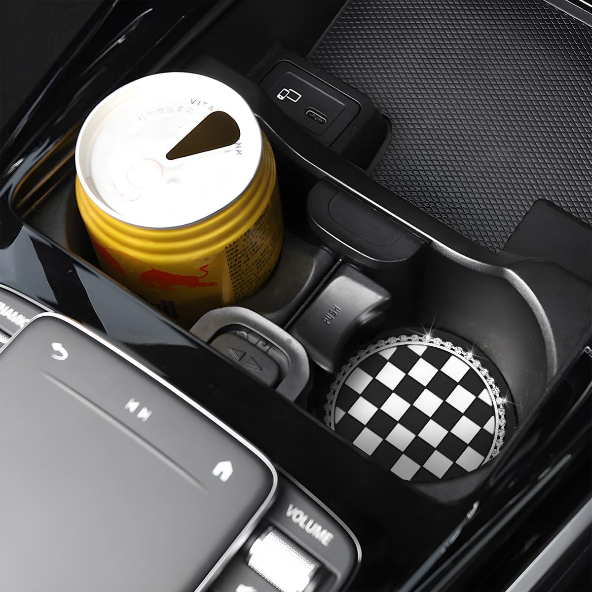 Osilly 4PCS Bling Car Cup Holder Coaster, Shiny Shockproof Non-Slip Vehicle Drink Cup Insert Mat Cushion with Rhinestone, Diamond Dustproof Auto Water Bottle Mat Decor, Universal Fit (Checkerboard)