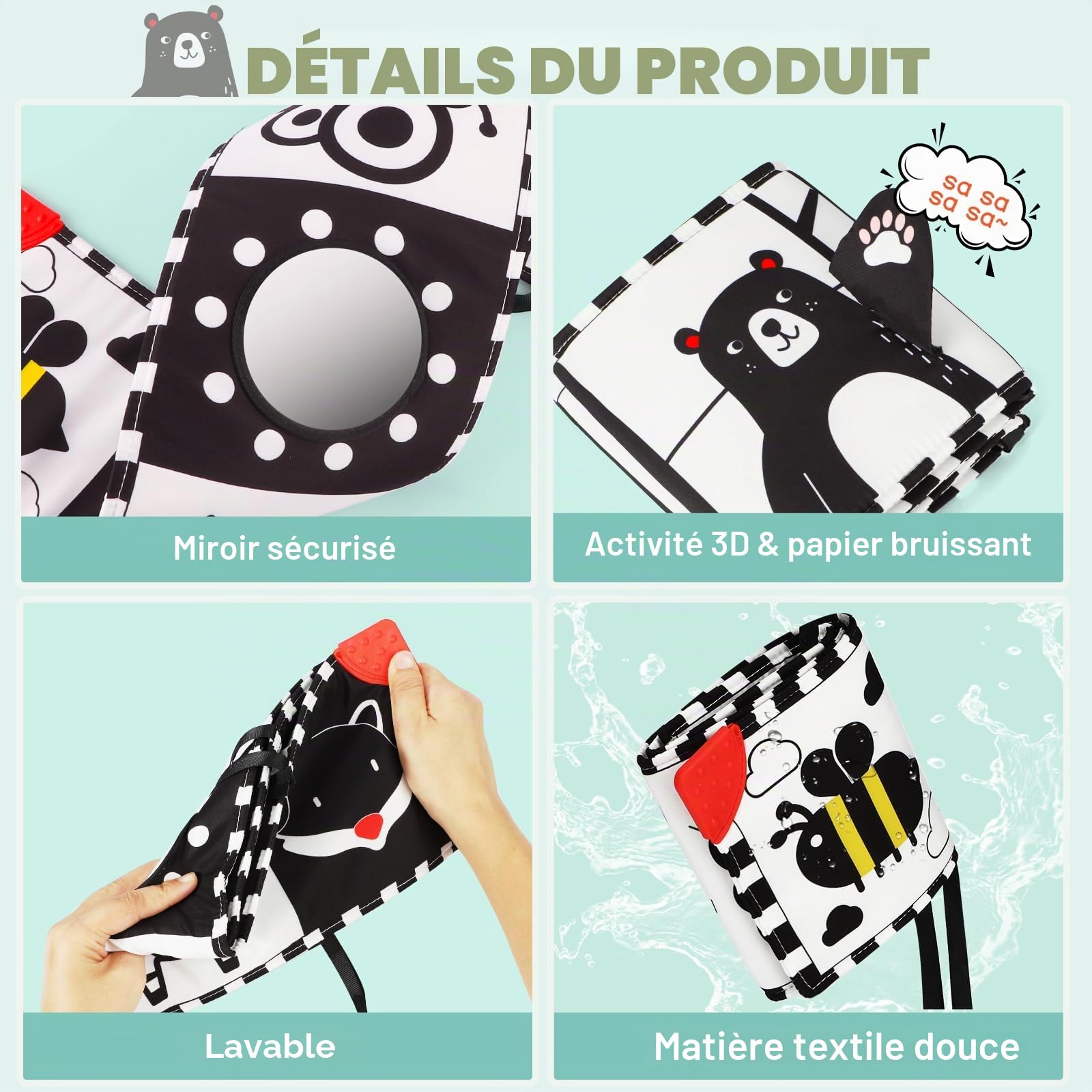 BBWOO Livre bébé 0-12 Mois, Livre Noir et Blanc bébé sensoriel Montessori, Jeux et Jouet d'éveil pour Tummy Time, Pliable et Lavable, avec Anneau Dentition et Miroir, Un Cadeau Parfait