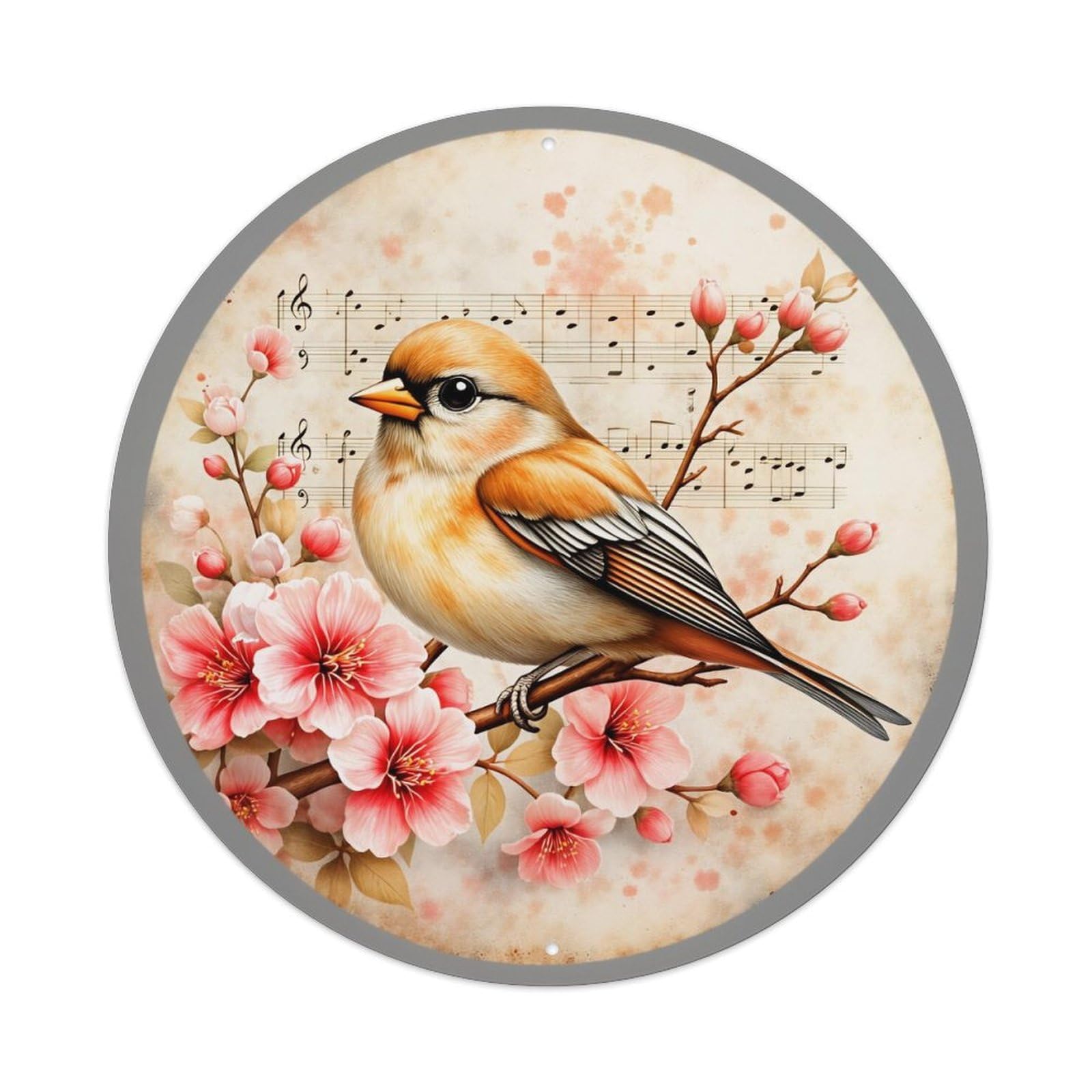 Bird On Blossom Branch Pattern Vintage Metal Tin Sign Retro Wall Decor for Home Bar Garage Cafe, Indoor & Outdoor Decorative，circle Metal Poster, 8x8 Inch