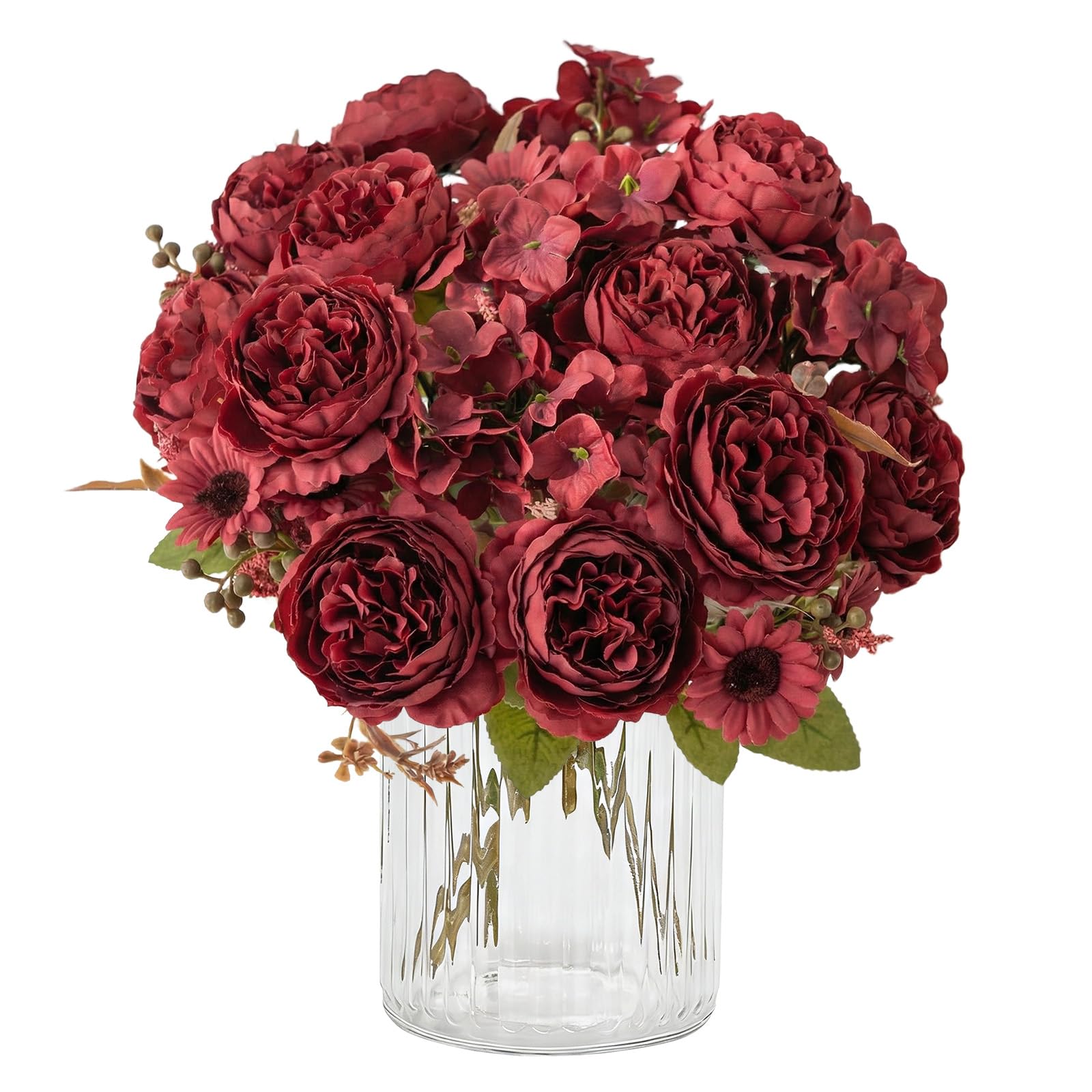KUANINUNAR 4 Bunches Peony Artificial Flowers Fake Peony Bouquet Pink Daisy Flowers Fake Peonies Faux Hydrangea Silk Flower Bouquet for Home Wedding Party Decoration Arrangement (2, Red)