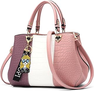 Moda Bolsos de Mujer Diseño de Bloques de Colores Bolso Hombro Casual Viaje Bolsa de Mensajero Impermeable PU Cuero Negocio Escuela Mujer Bolsos de Mano con Colgante Rosa A