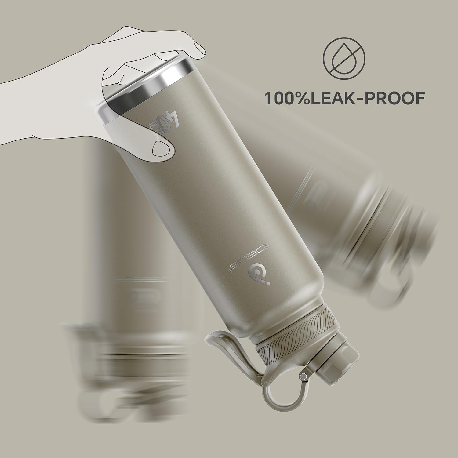 IDEUS Insulated Stainless Steel Water Bottle with 2 Leak-Proof Lids, Thermal Water Flask for Hiking Biking, 40oz, Celadon