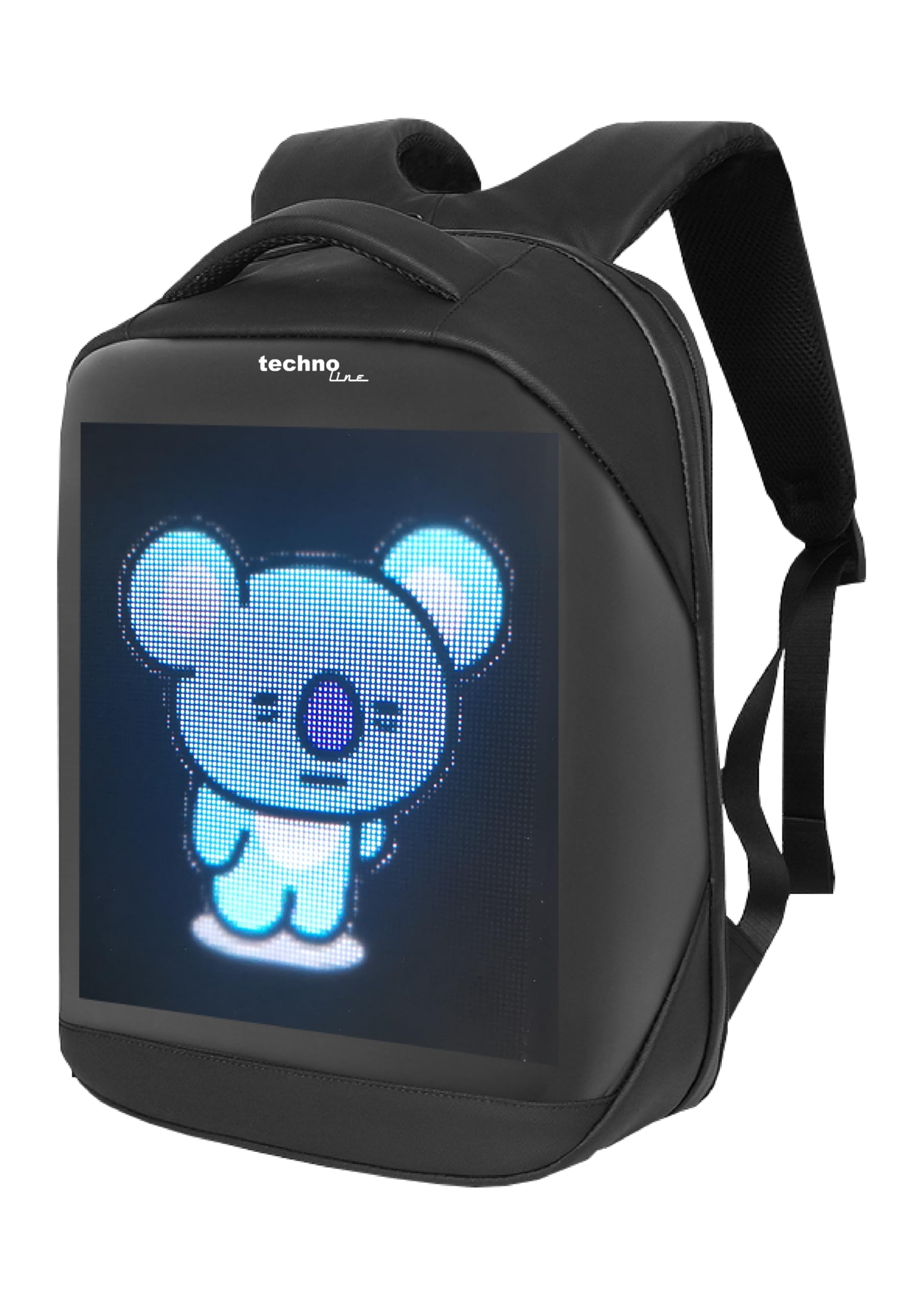 technoline Zaino a LED, zaino per laptop, zaino pubblicitario, personalizzato, scritta, animazione, immagini, trasferimento dati tramite bluethooth, controllo tramite app (gratuito), Nero, 312 x 420