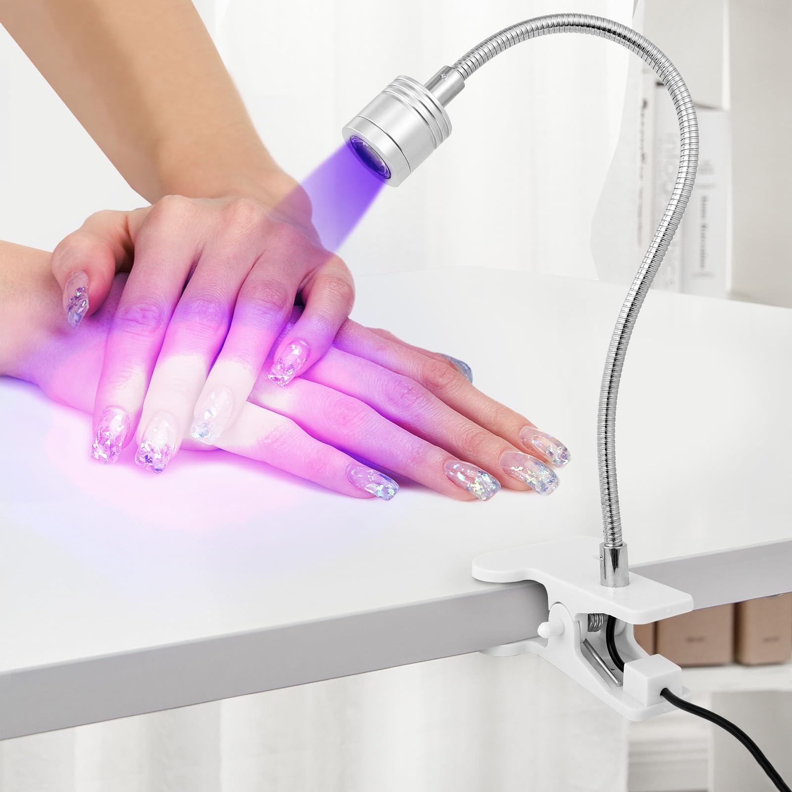 AiQInu Lampada UV LED Unghie, 3W Lampada Unghie Regolabile, Lampada UV Portatile per Gel con Clip, con USB (Argento)
