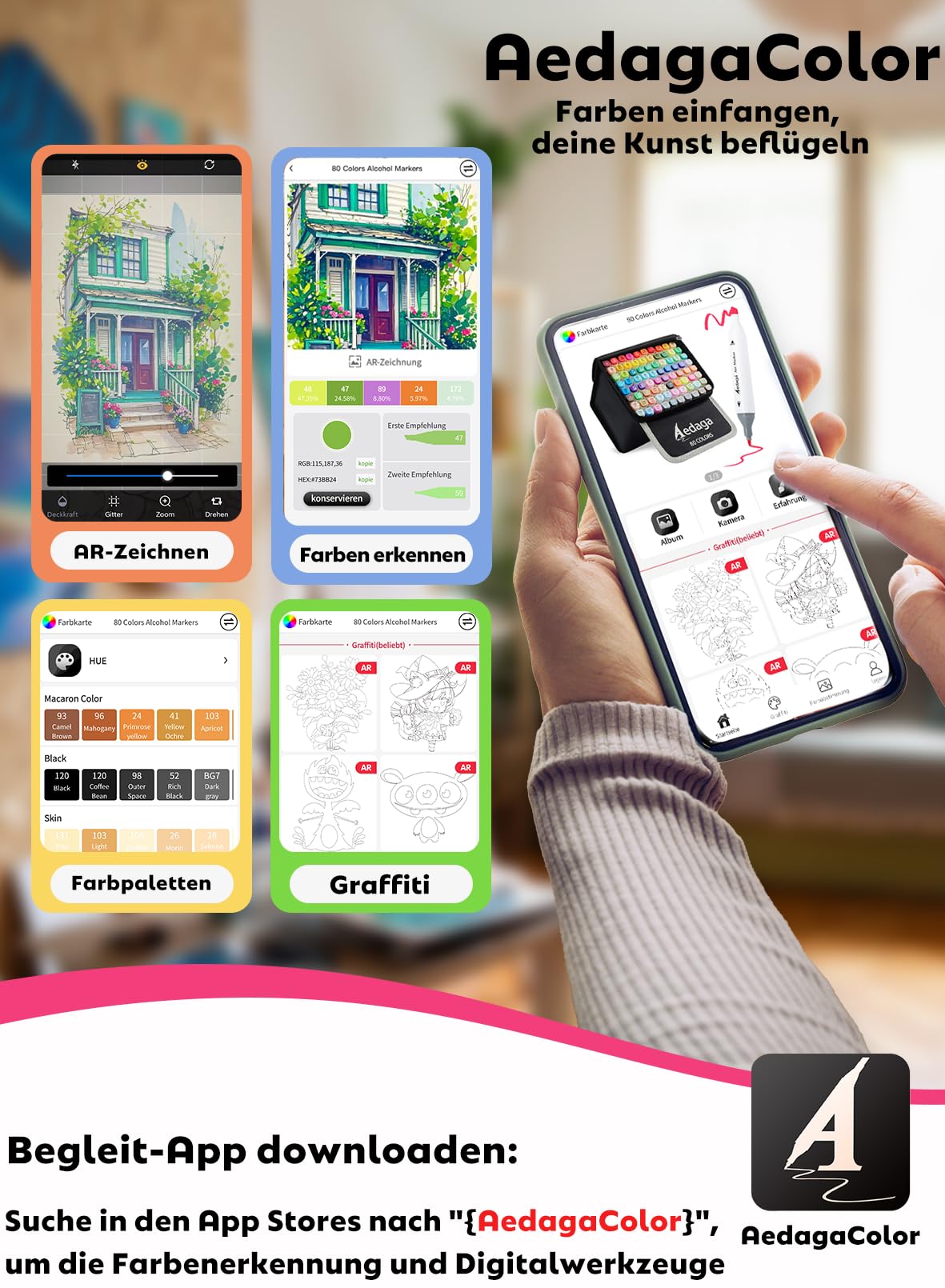 280 Farben Alkohol Marker mit App, Doppelspitze Alkohol Stifte | Ständer-Etui | Mischbar | Farbcode | Ungiftig | Alcohol Marker für Malen, Skizzieren, Zeichnen, Illustrationen, Manga