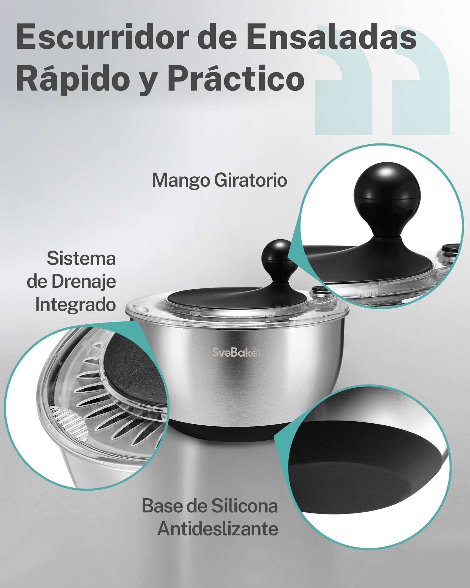 SveBake Centrifugadora Lechuga Acero Inoxidable con Botón de Parada, 5.3L Escurridor Verduras con Base Antideslizante, Escurridor Ensalada Sin BPA