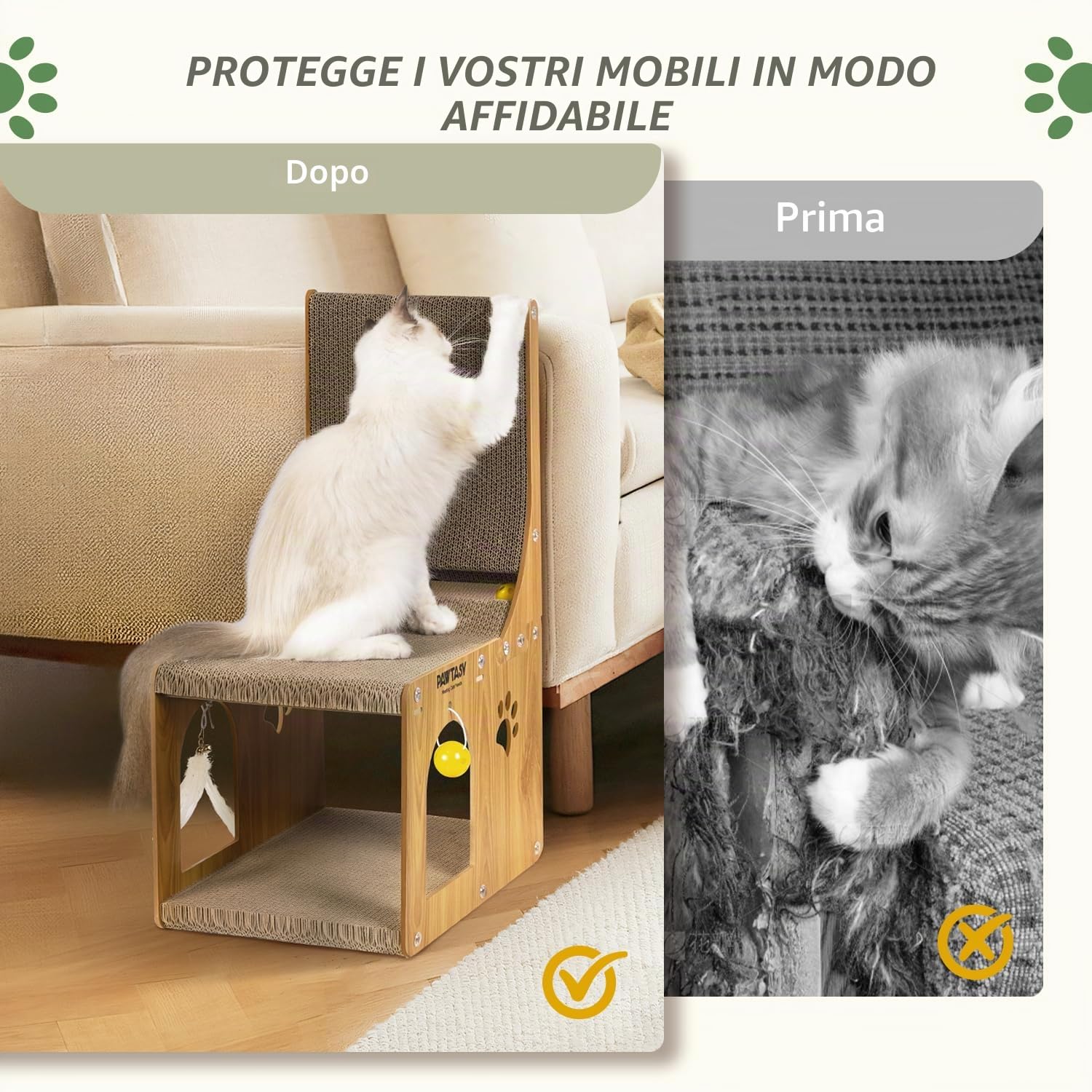 Pawtasy Tiragraffi gatti in cartone 2 in 1 per gatti da parete e angolo, grattacieli gatti con palla giocattolo