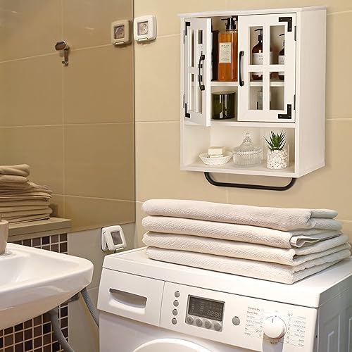 Miniatura 2 de RUSTOWN Armario de almacenamiento de pared de madera con puertas de vidrio cruzadas, montaje en pared de granja, armario rústico de 3 niveles con