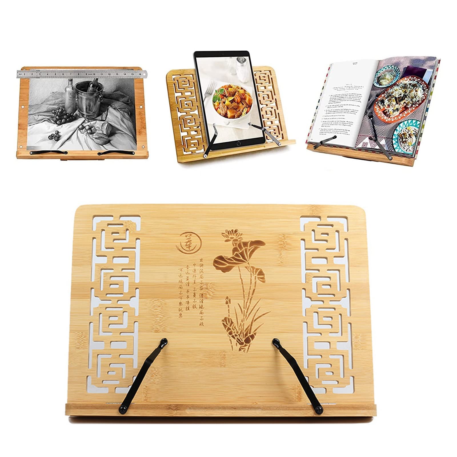 HJXGQJM Atril De Madera De Sobremesa,Bambú Soporte for Libro De Cocina, Plegable Soporte con Respaldo Ajustable & Patrón Elegante for Libro De Cocin Y Receta(Ordinary Board)