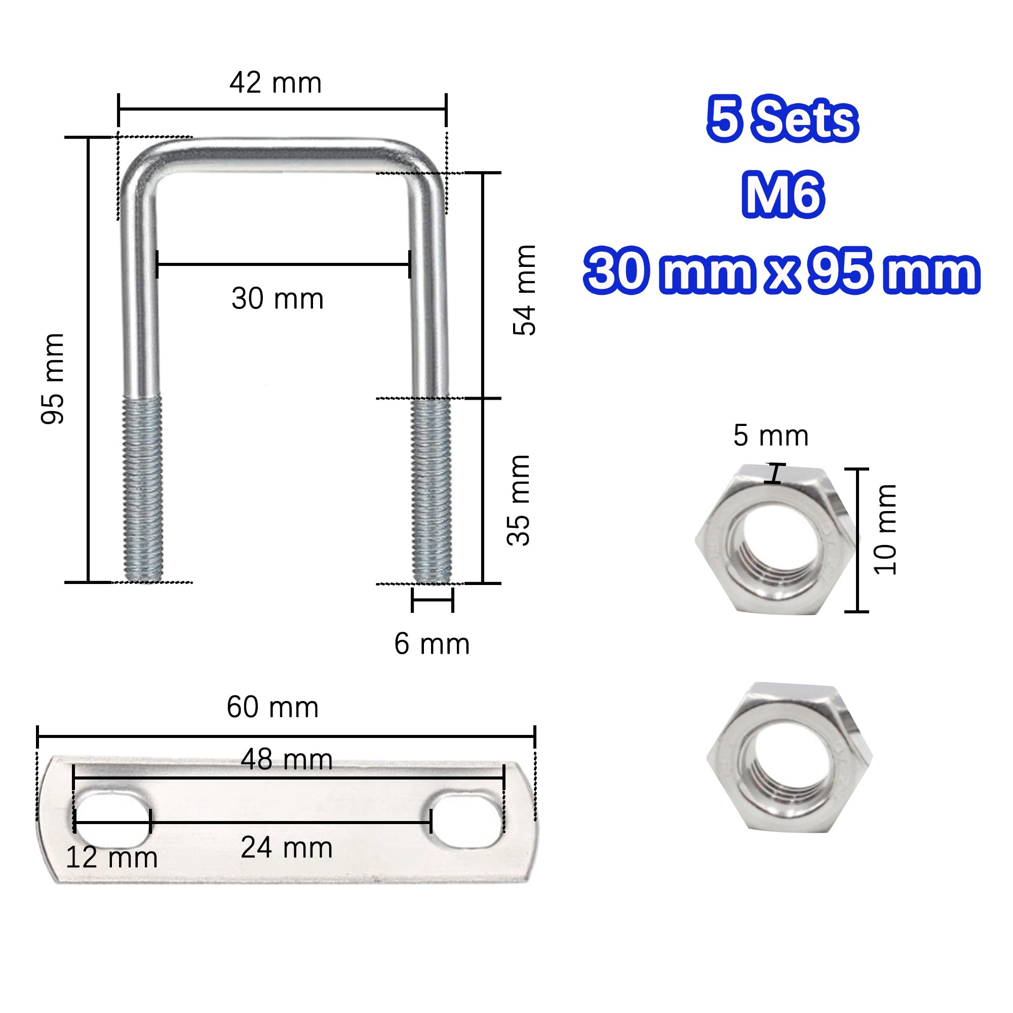 duoyif Boulons En U 30 mm x 95 mm 5Pcs M6 U-Bolt Diamètre intérieur 30 mm, Boulon De U Carré En 304 Acier Inoxydable Avec Écrou Plaques Rondelle, Boulons De Serrage Pour Fixation Tuyaus (M6-30x95mm)