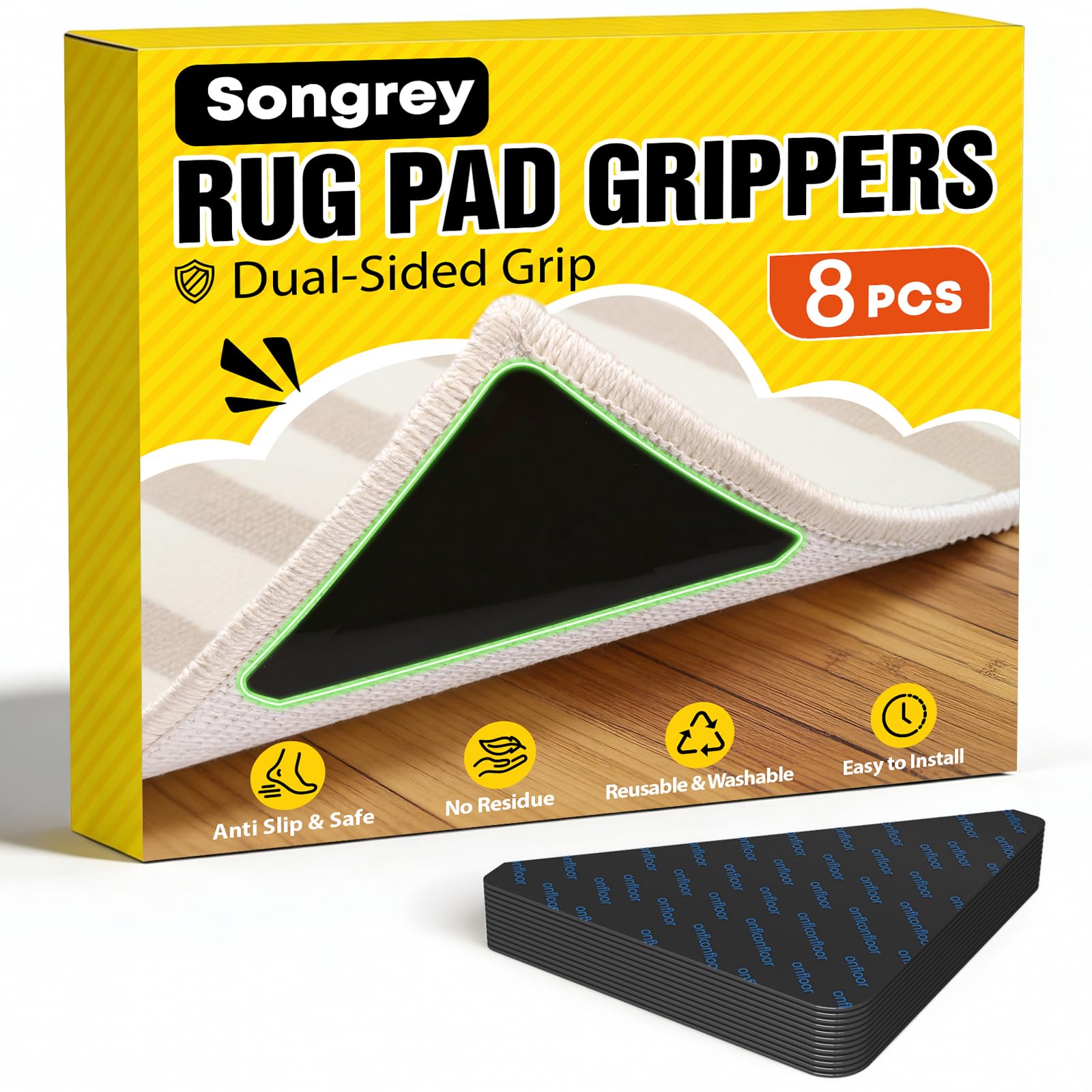 Songrey Rug Tape Rug Corner Grippers 8PCS Reusable Double-Sided Carpet Tape to Hold Area Rugs Down Non Slip