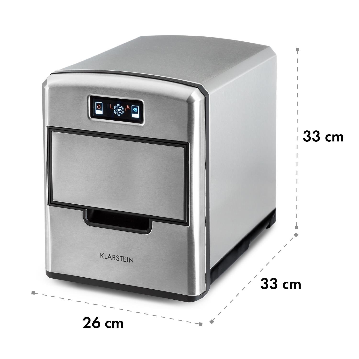 Klarstein Metropolitan - máquina de hielo, máquina de hielo, 12 kg/24 h, 180 W, 3 tamaños de cubitos de hielo, refrigerante R600a, depósito de agua de 2,15 l, pala, acero inoxidable, plata