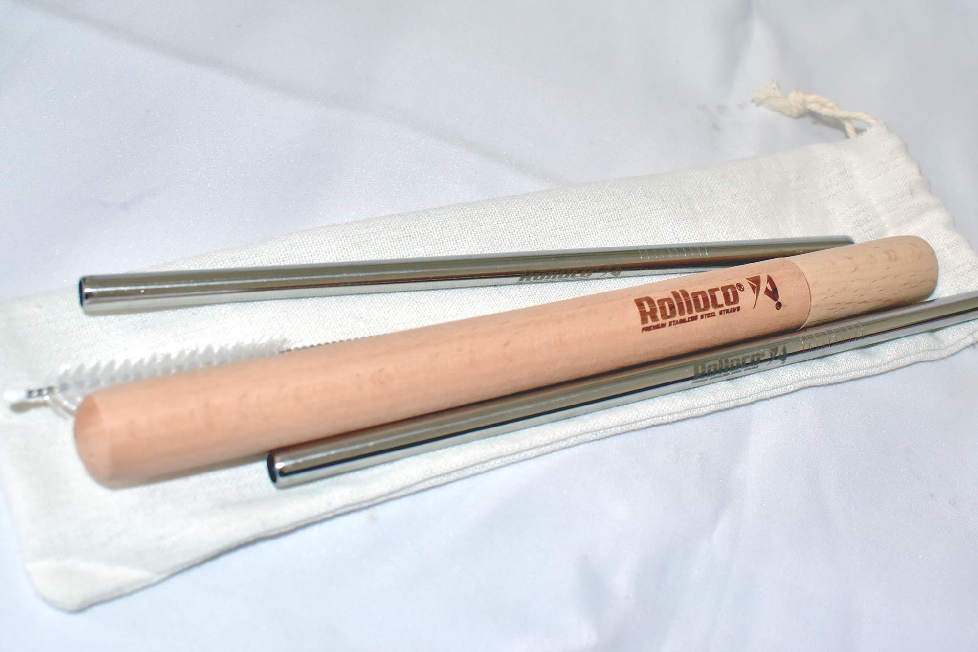 R - Rolloco Reusable Stainless Steel Straws with Cleaning Brush in a Decorative and Classy Wooden Case/Cold Beverages/Mock Tails and Cocktails for Tumblers; Set of 2